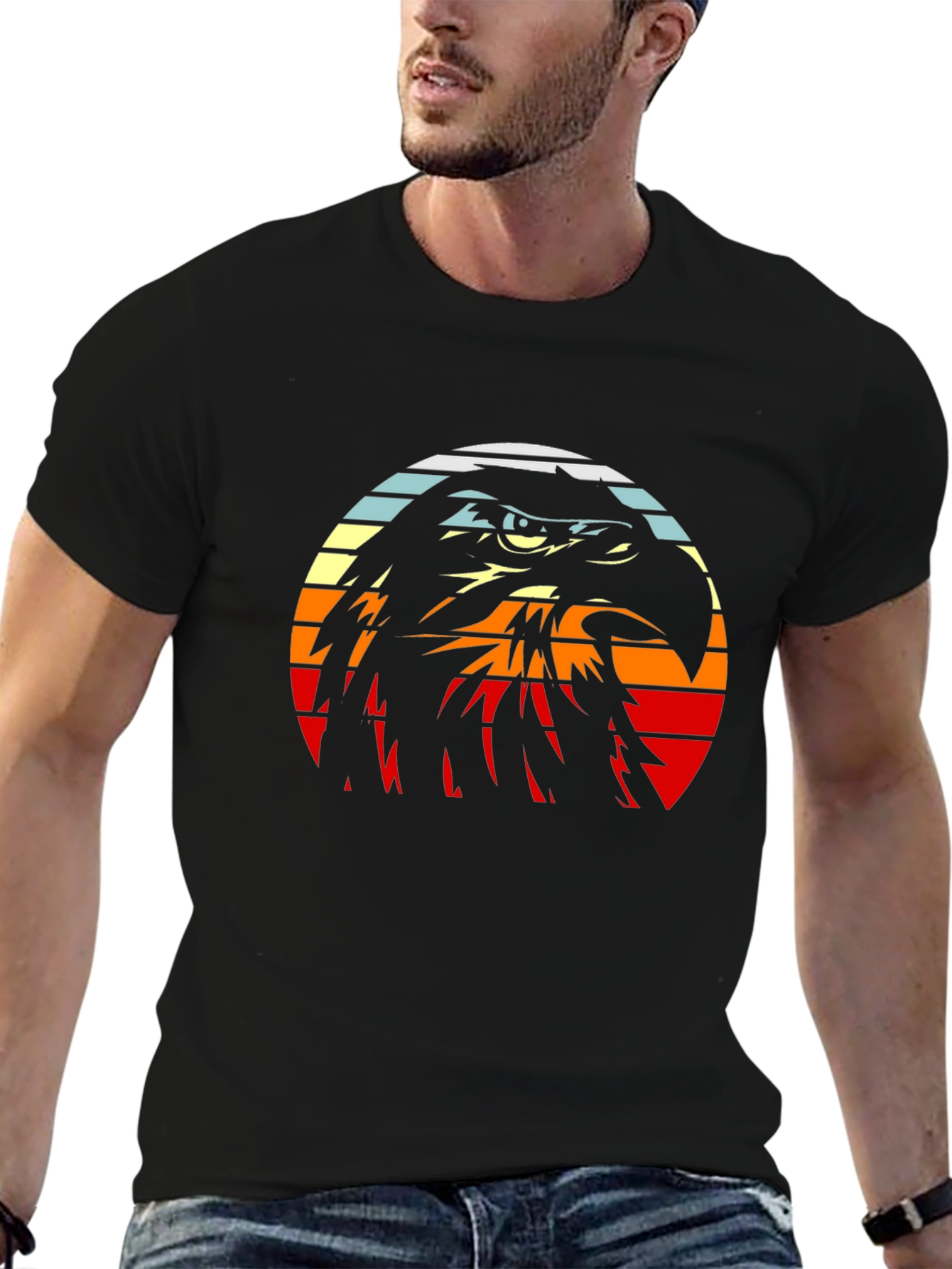 Retro Eagle Graphic Tee - Black Cotton Blend