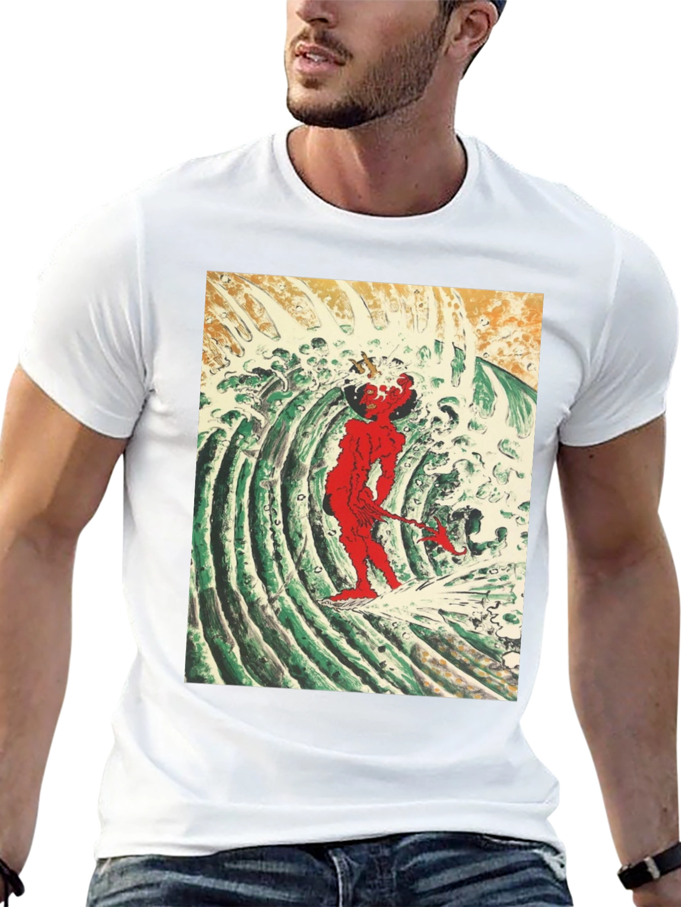 Red Oni Surfing Wave Black T-Shirt