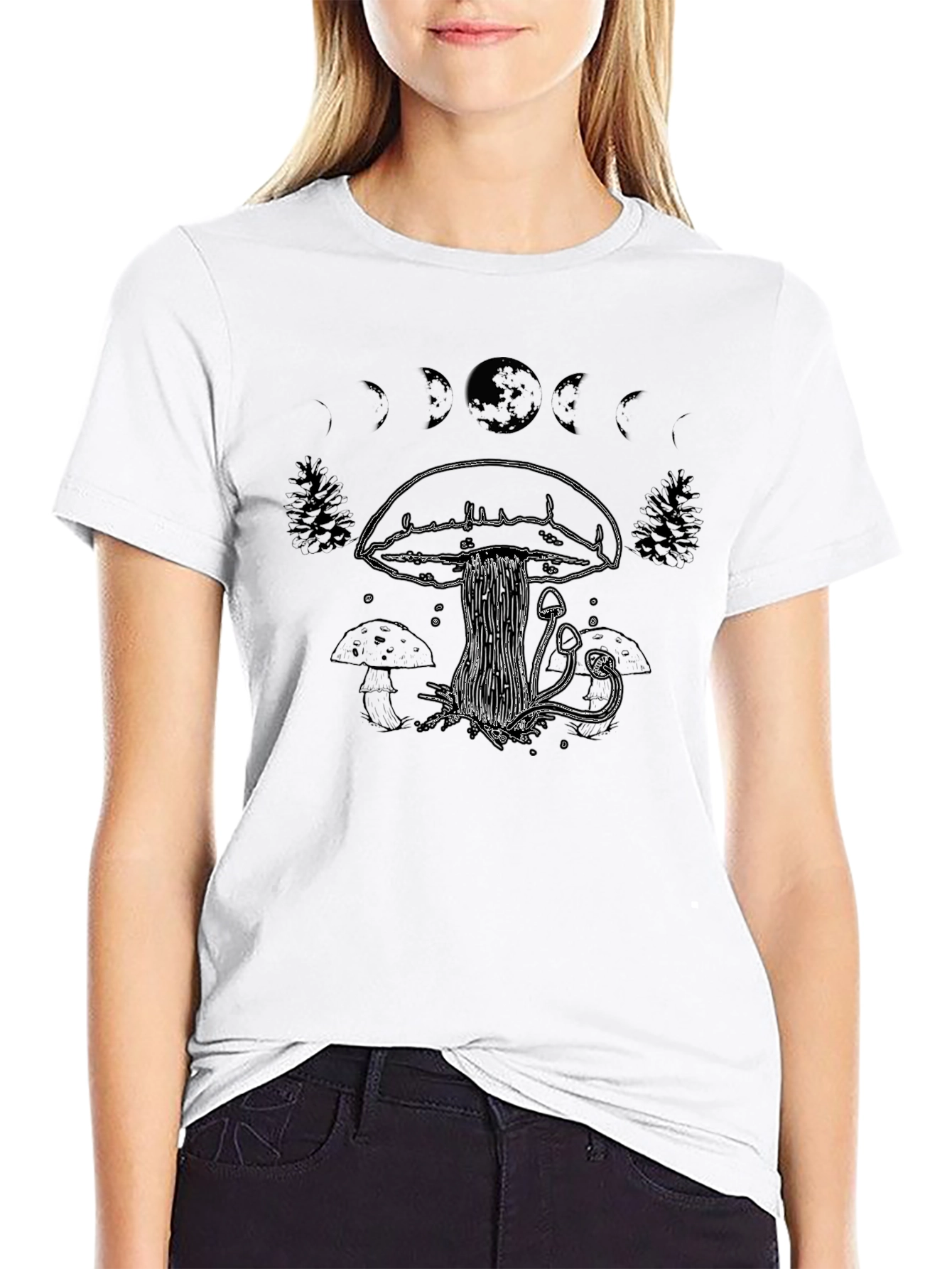 Mushroom Moon Phase T-Shirt - Black Cotton Tee