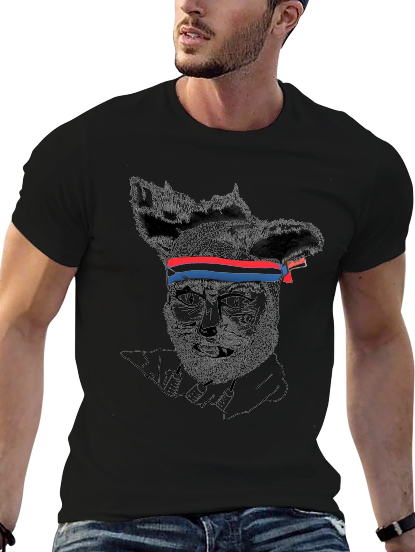 Graphic Black T-Shirt - Wolf with Headband Design