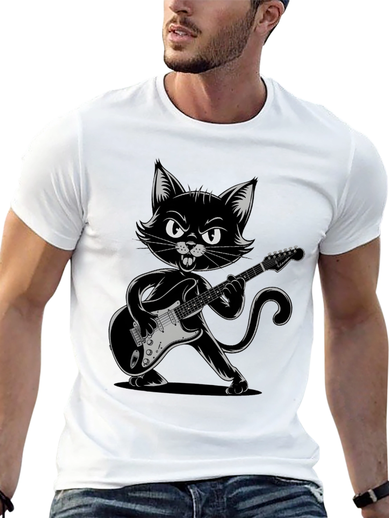 Cool Cat Guitarist Graphic Tee - Black
