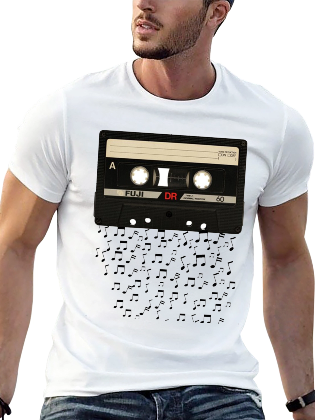 Retro Cassette Tape Music Notes Black T-Shirt