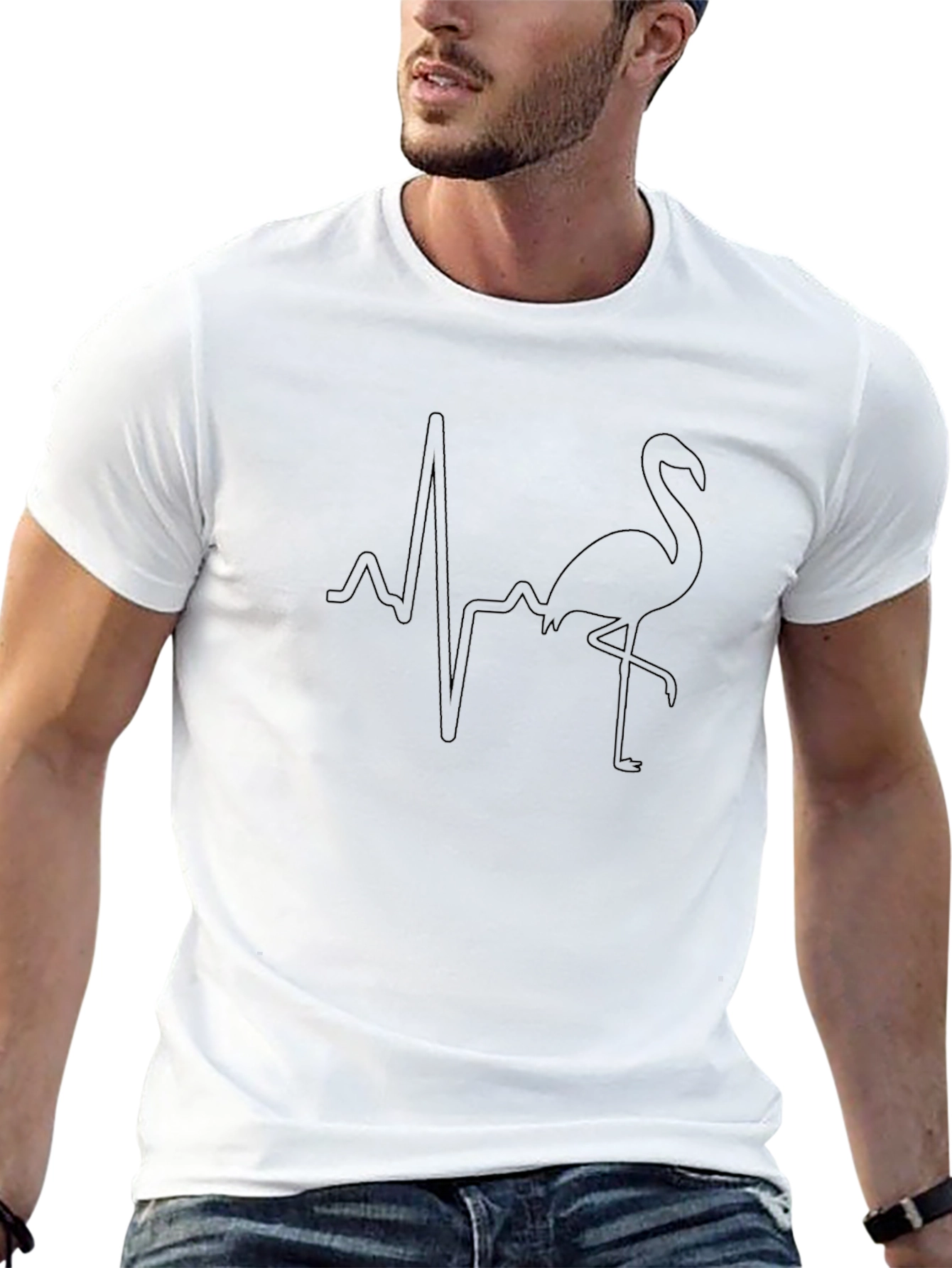 Black T-Shirt with Flamingo Heartbeat Graphic