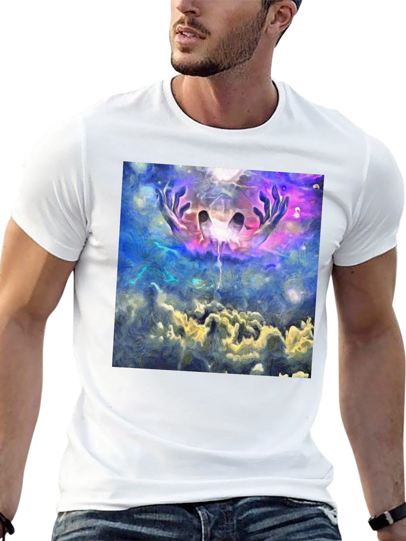 Abstract Hands in Sky Graphic Black T-Shirt
