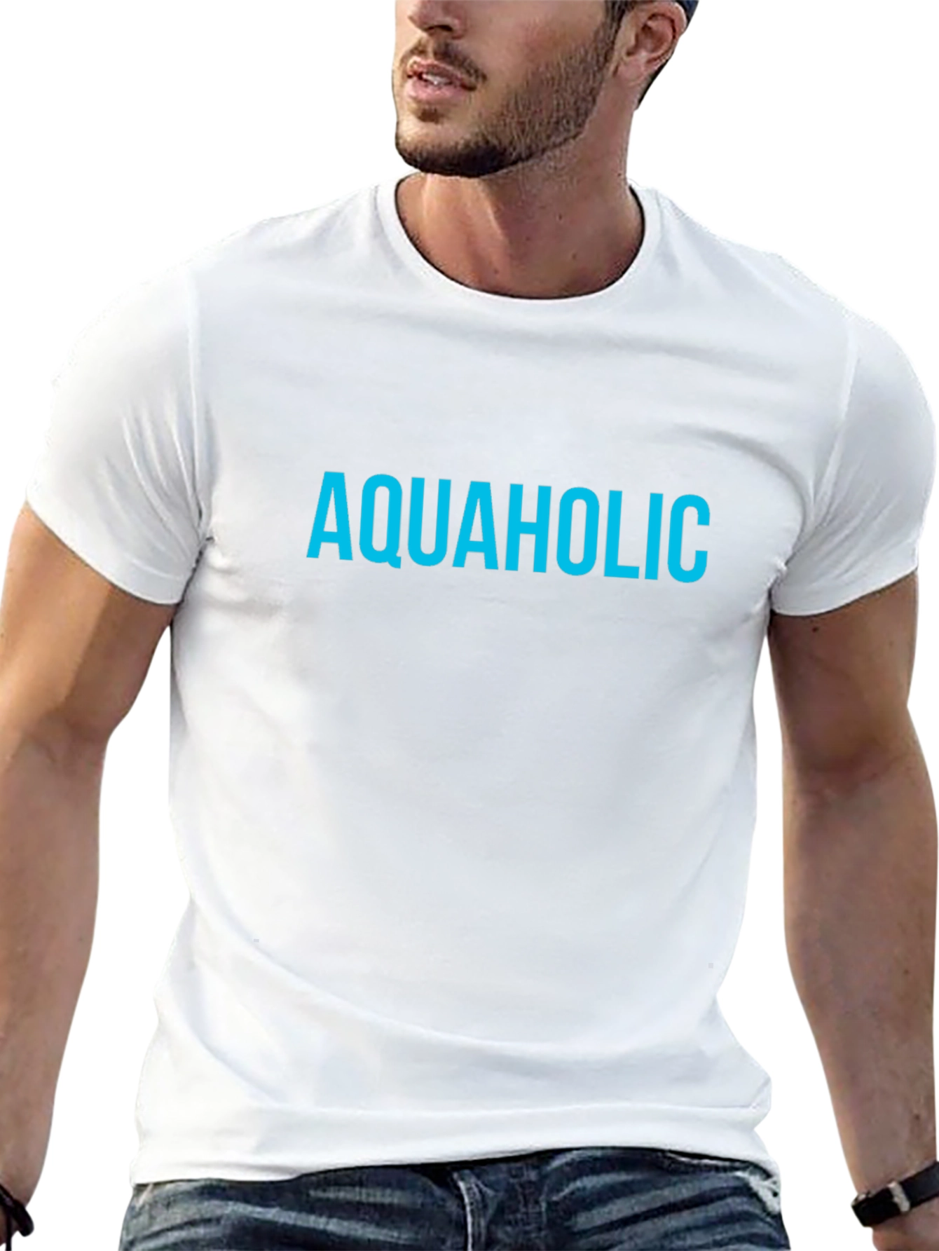 Aquaholic T-Shirt - Blue Text on Black Tee