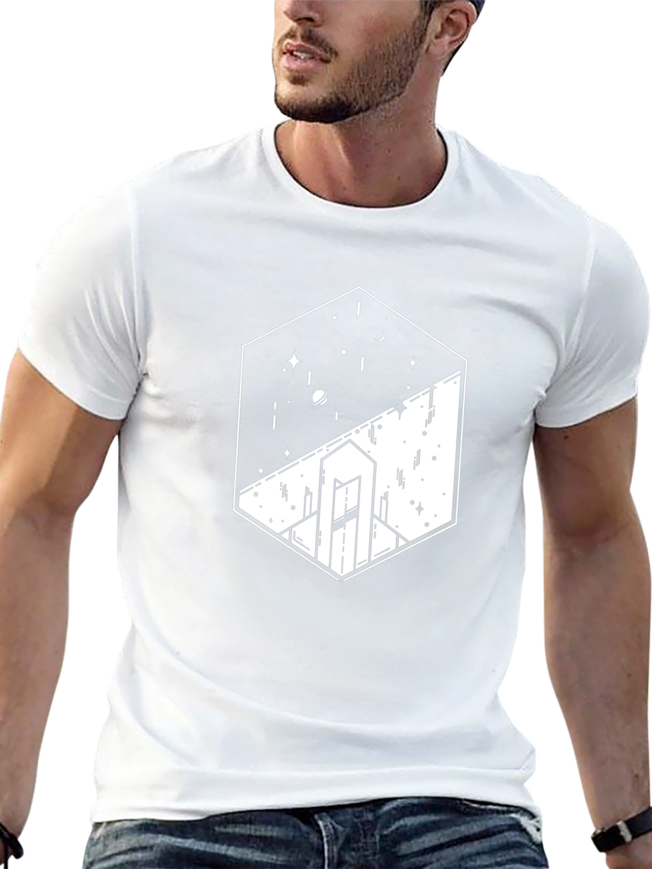 Geometric Space & Cityscape Black Graphic Tee