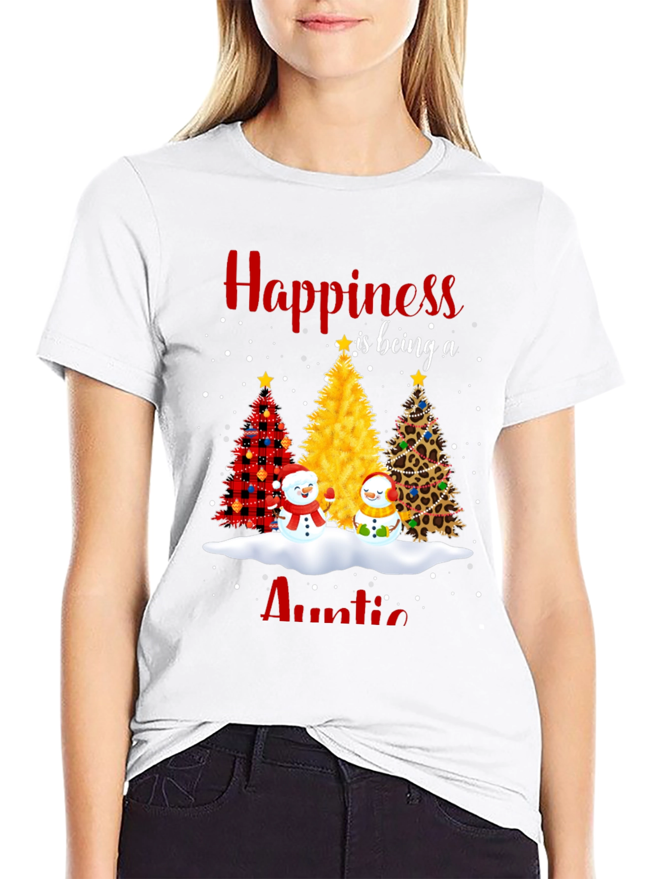 Happiness Auntie T-Shirt: Christmas Trees and Snowmen
