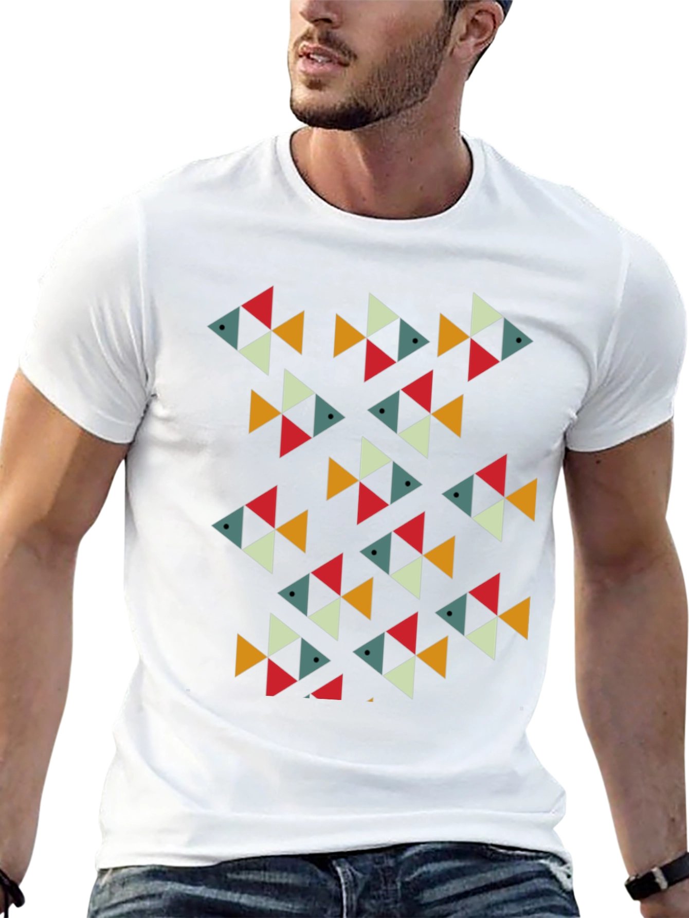 Geometric Fish Pattern Black T-Shirt
