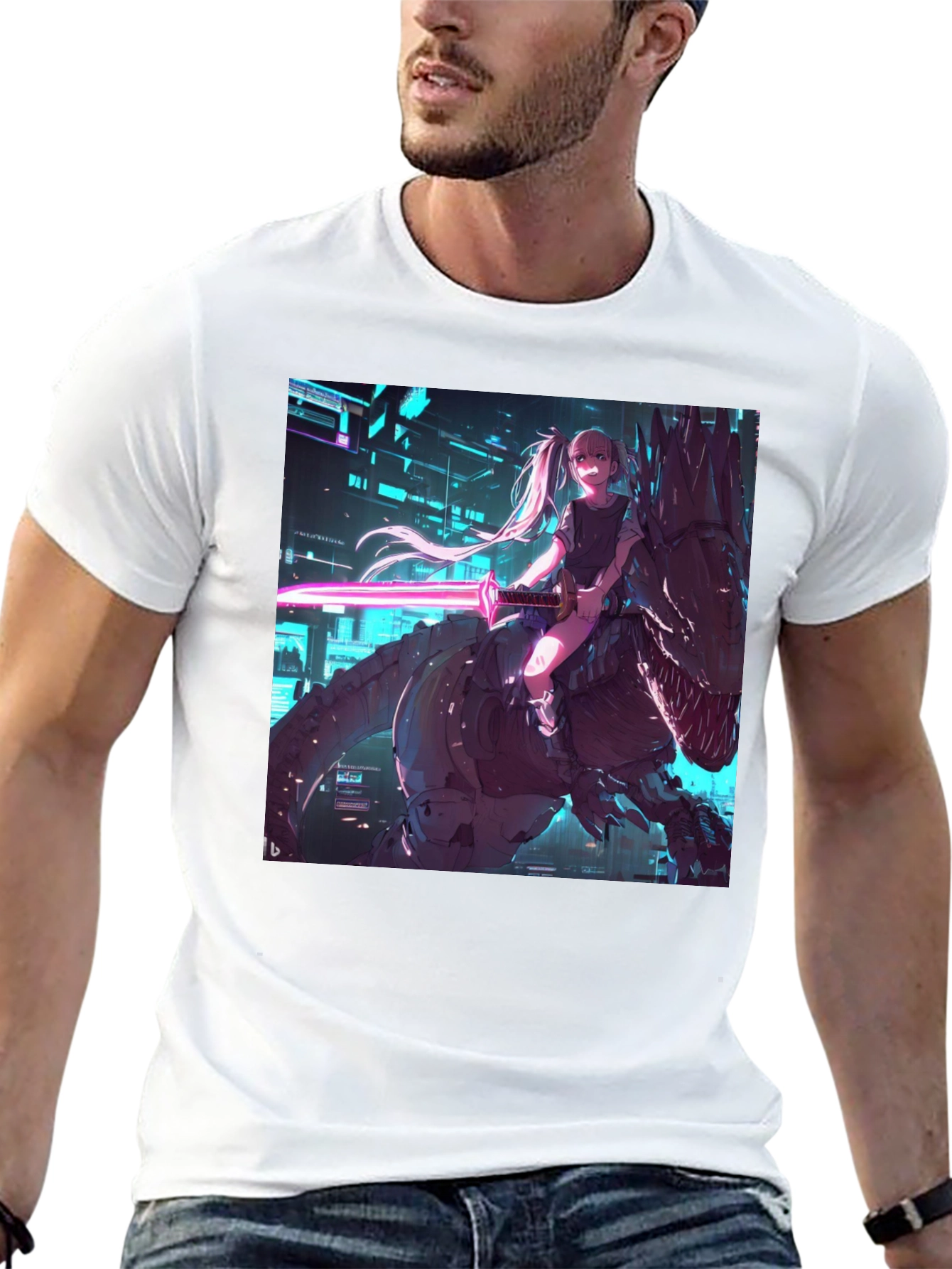 Cyberpunk Anime Girl Riding T-Rex Graphic Tee