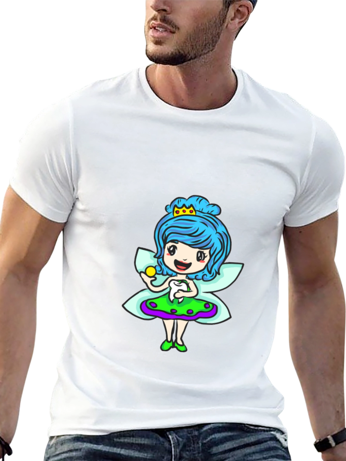 Cute Cartoon Fairy Print Black T-Shirt