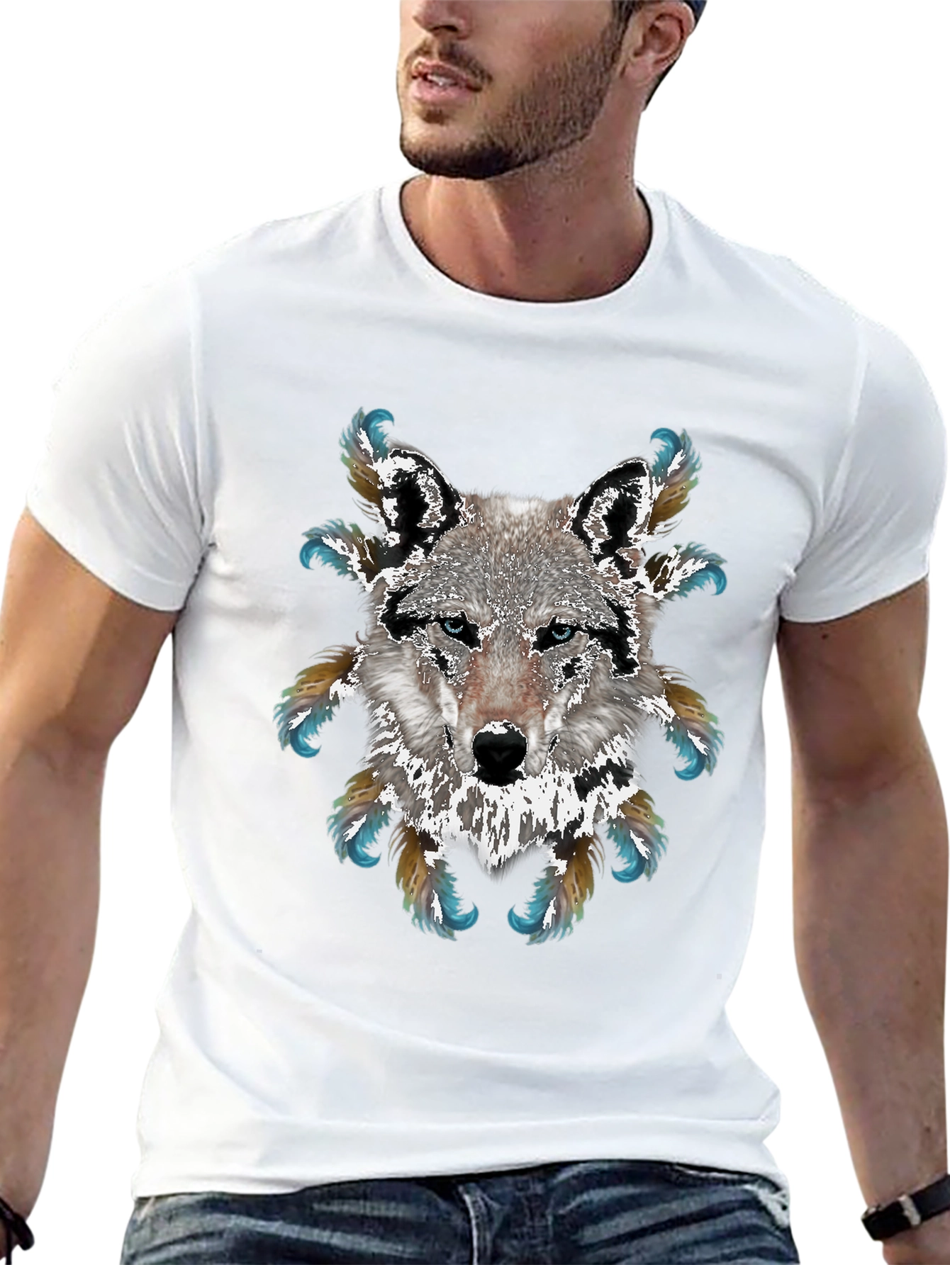 Wolf Graphic T-Shirt - Feathered Design
