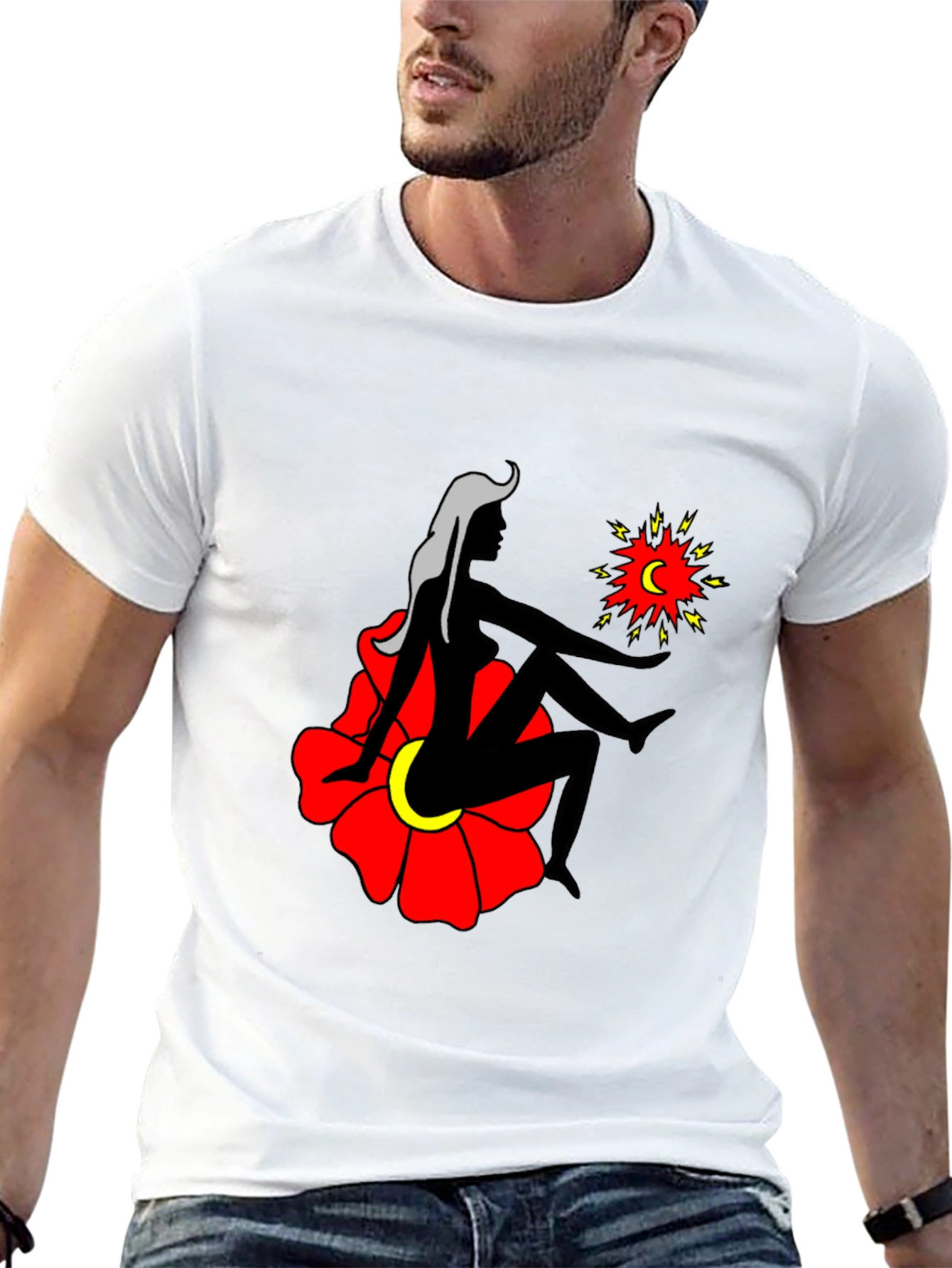 Artistic Graphic Tee - Woman Moon and Flower Design