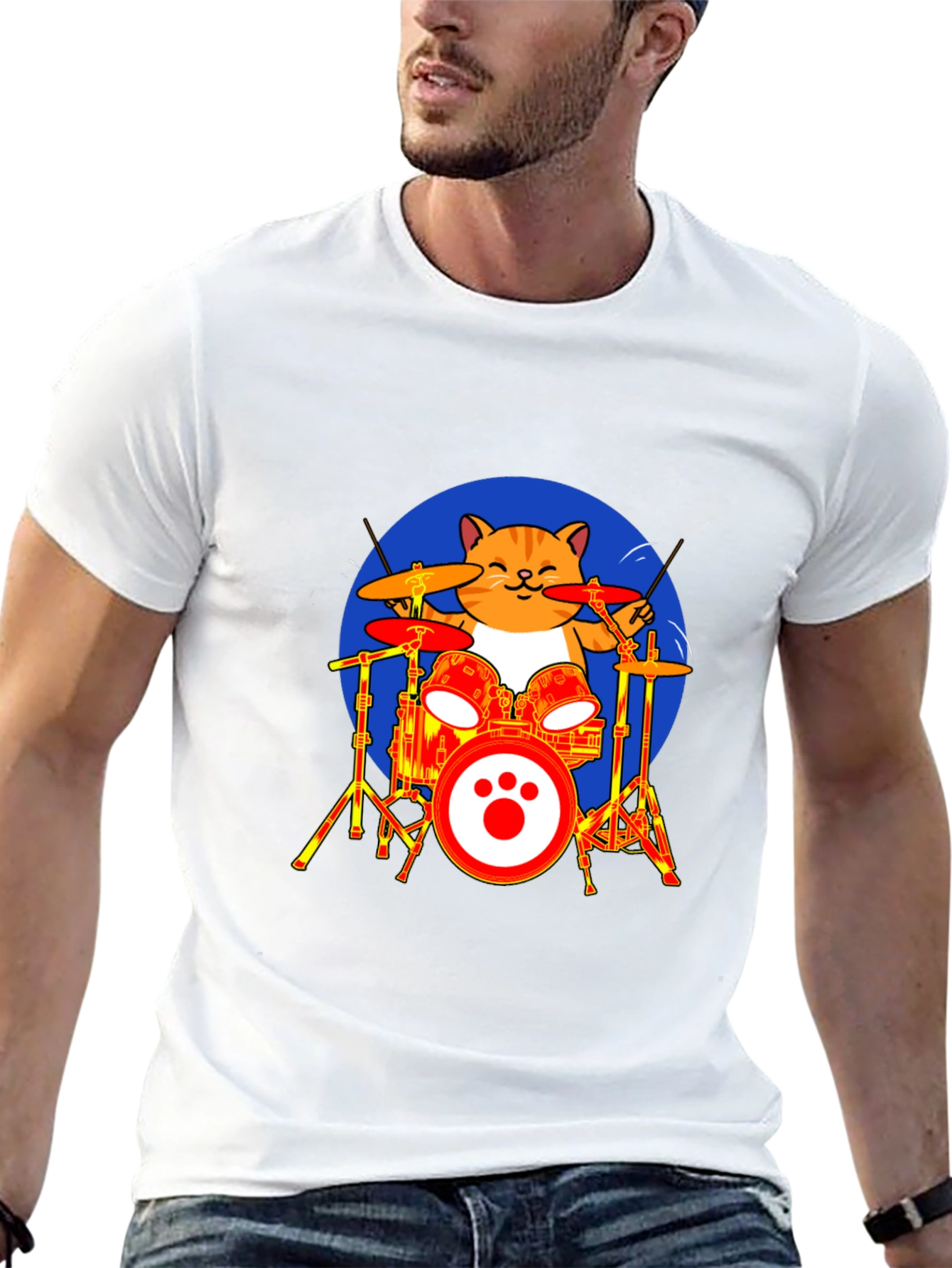 Cat Drummer T-Shirt - Black Cotton Tee