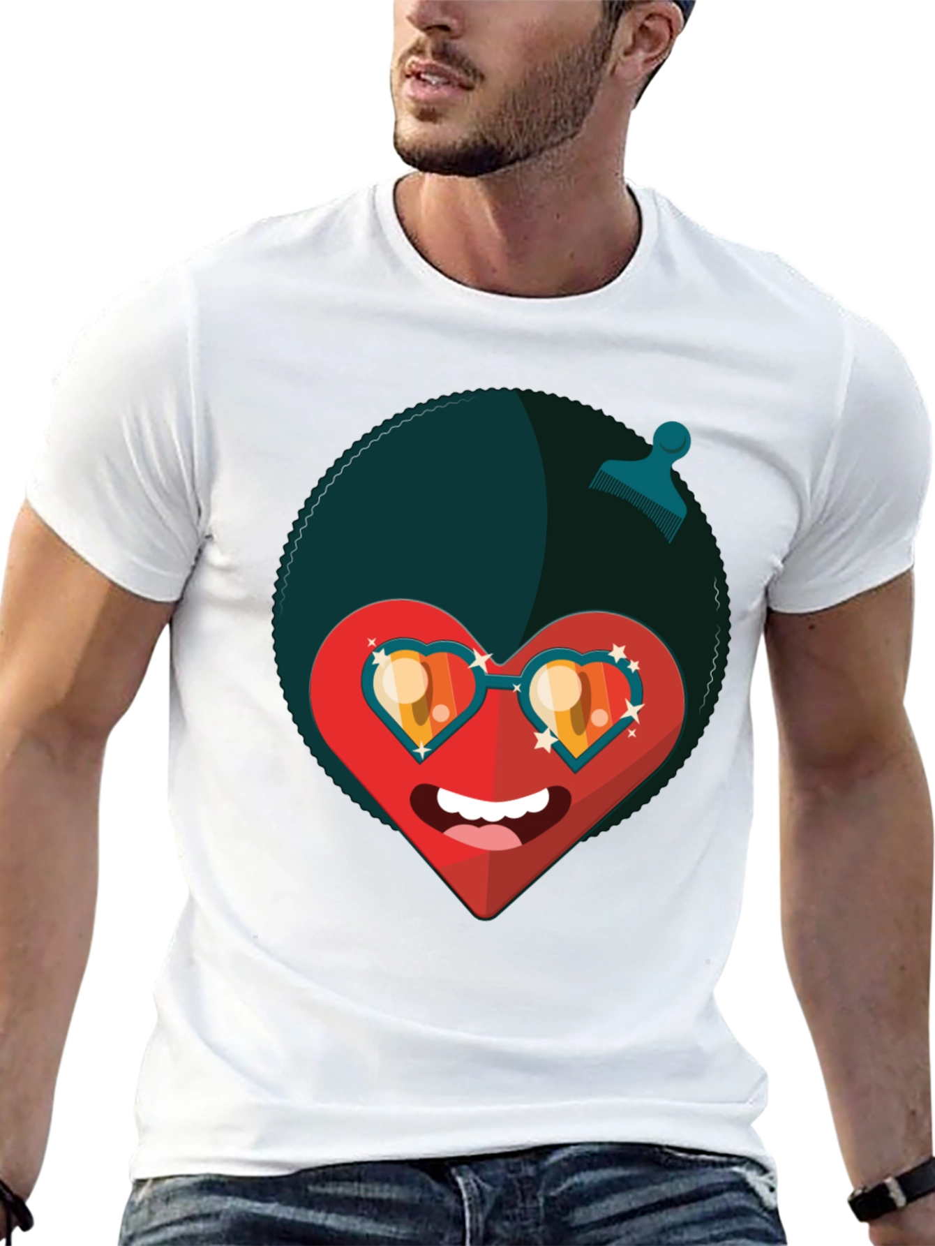 Funky Heart Afro T-Shirt - Black Graphic Tee