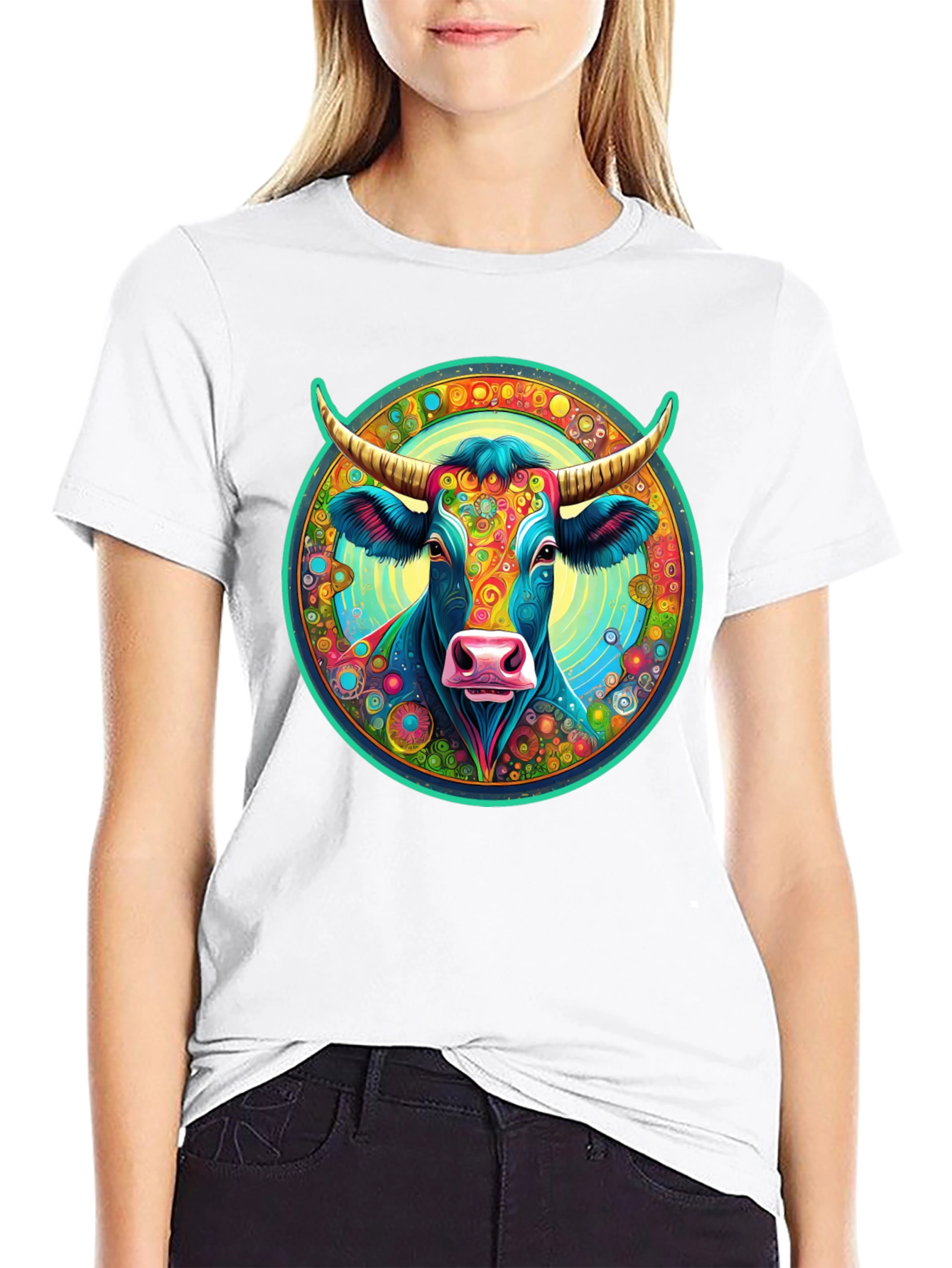 Psychedelic Cow Graphic Tee - Black Cotton Blend