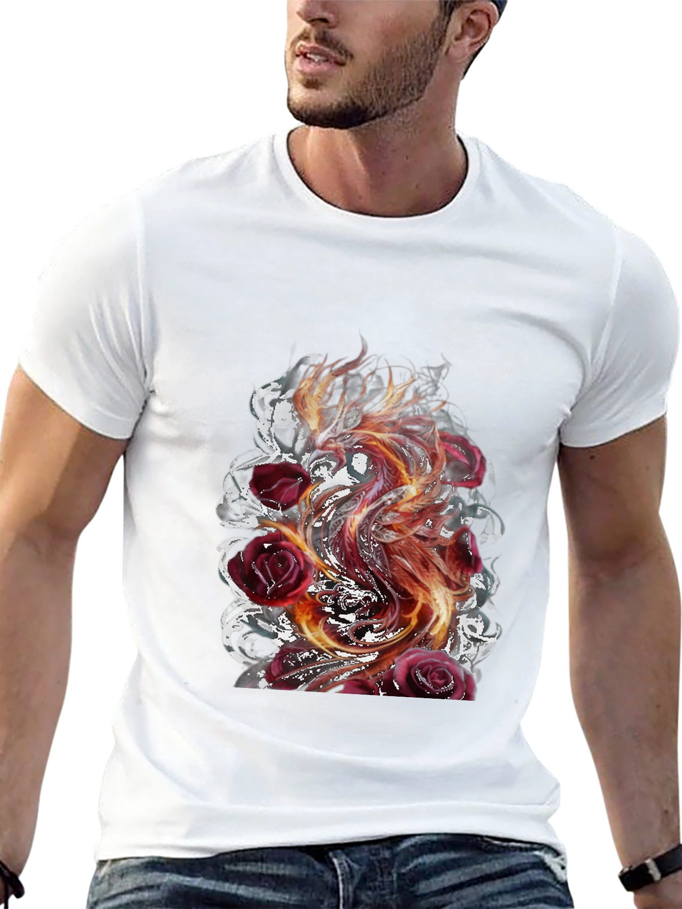 Fiery Phoenix & Roses Graphic T-Shirt