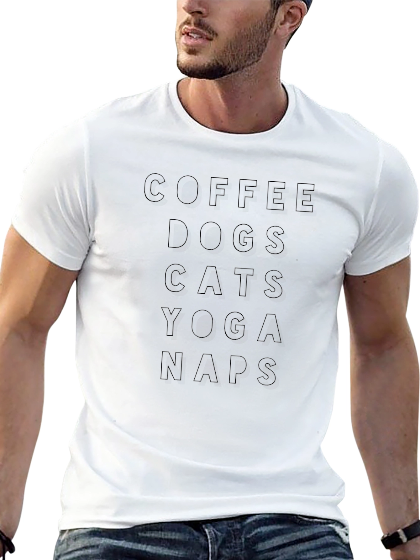 Coffee Dogs Cats Yoga Naps - Black T-Shirt