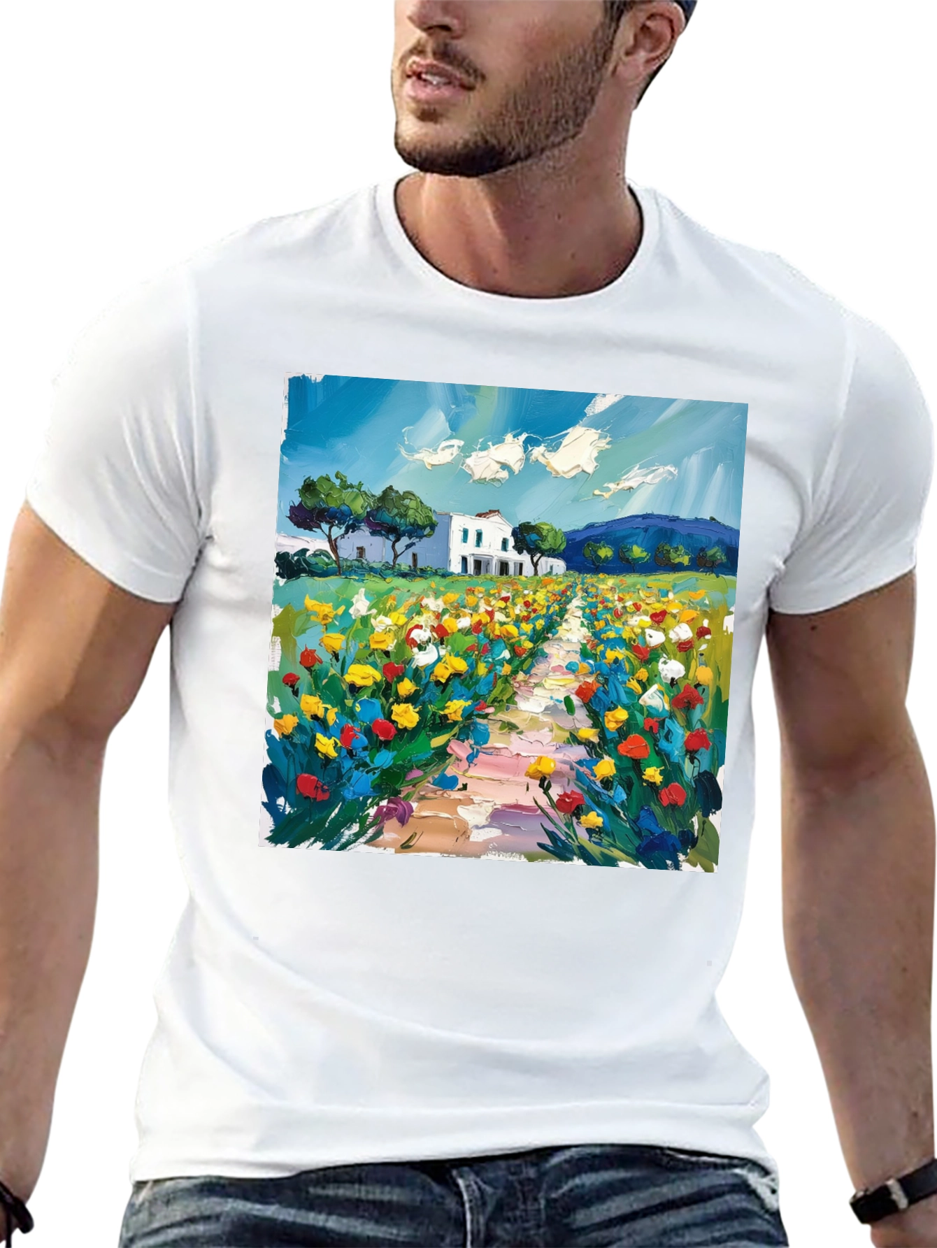 Floral Landscape Art Black T-Shirt