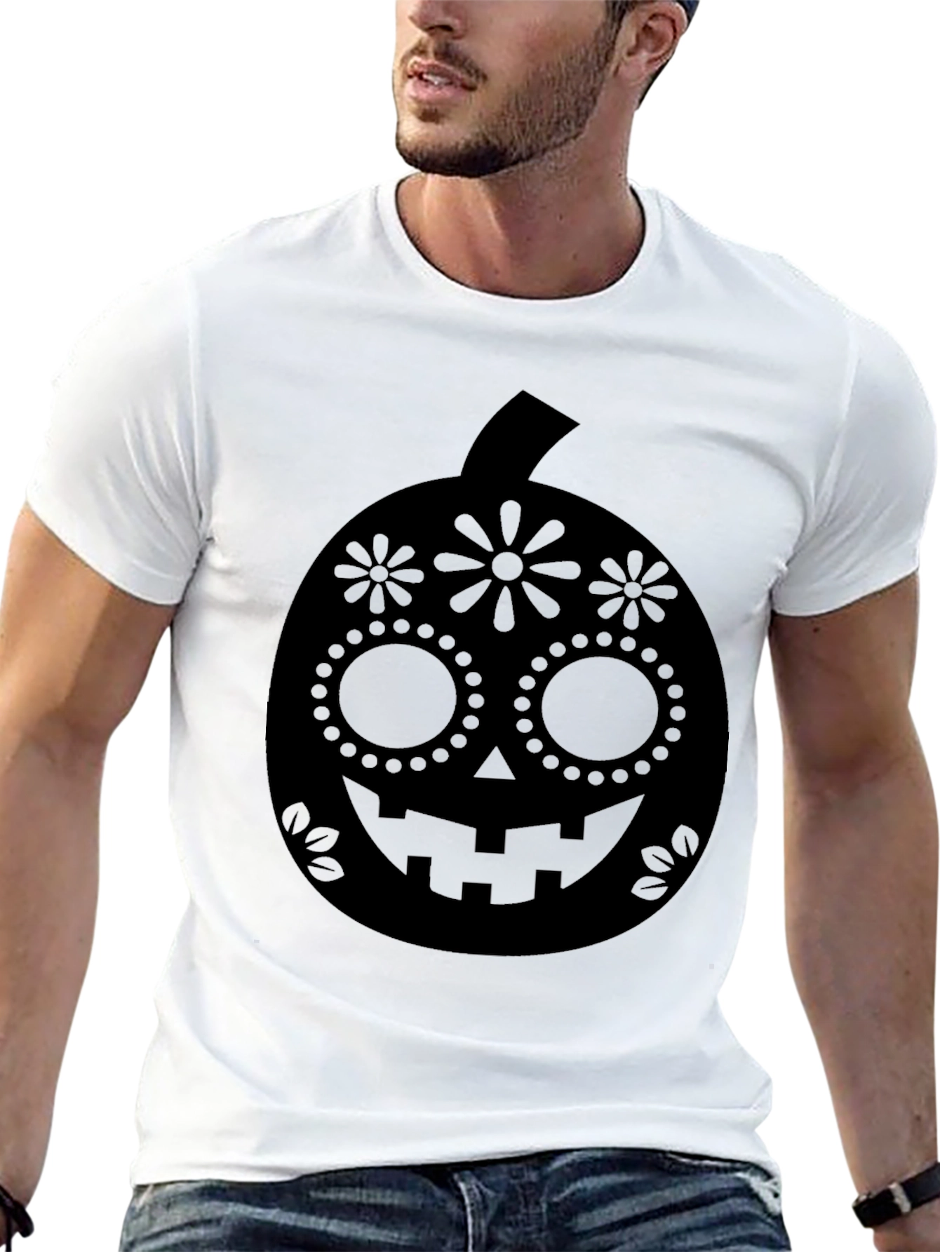 Halloween Pumpkin Sugar Skull Graphic Tee - Black