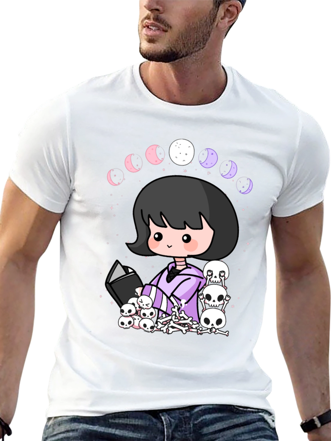 Kawaii Gothic Girl Moon Phases Skulls Black T-Shirt