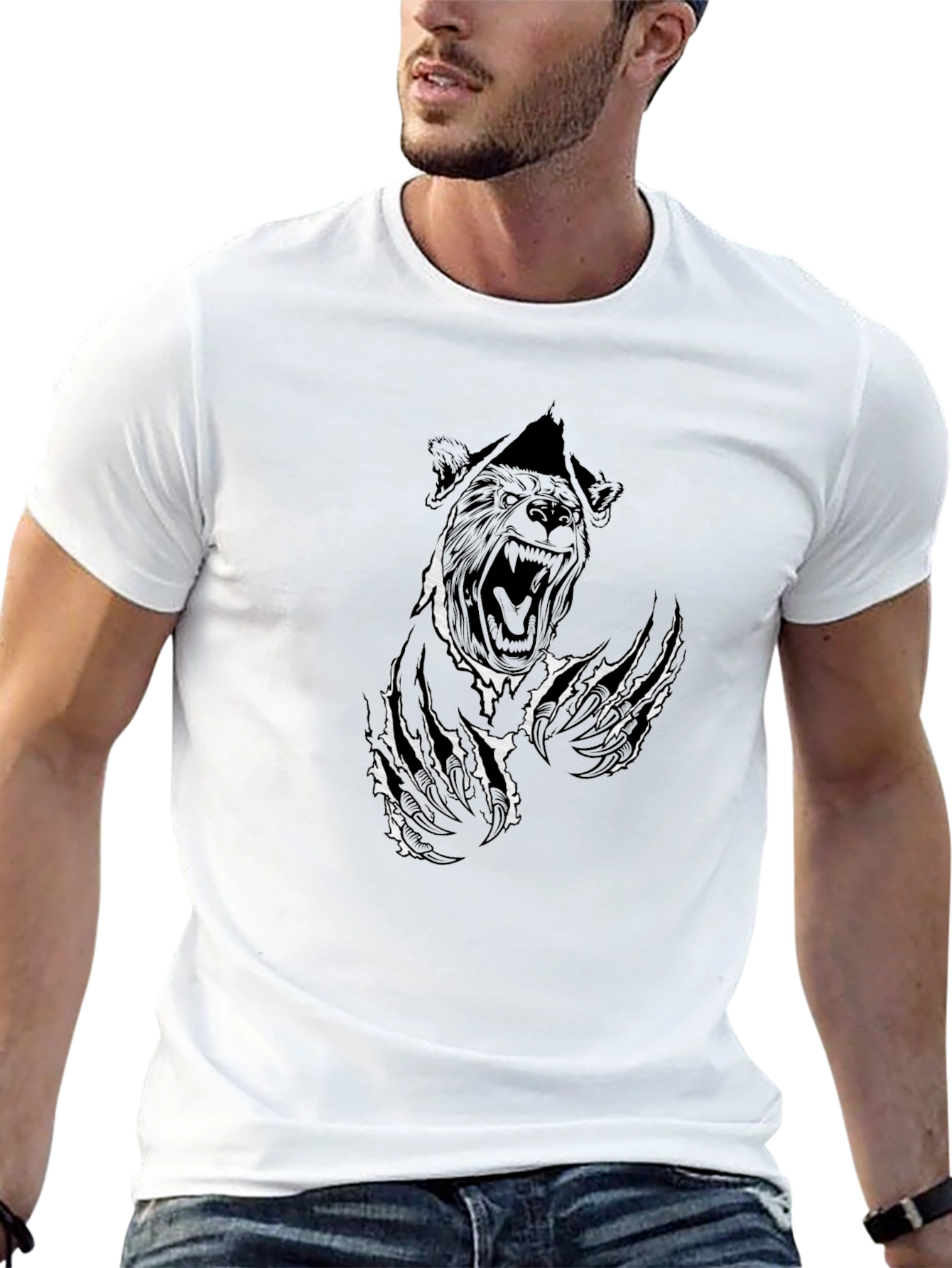 Black Graphic Tee - Ripped Bear Design