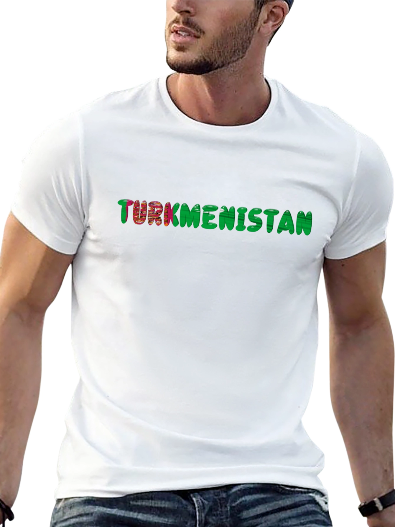 Turkmenistan Flag Text T-Shirt - Black Cotton Tee