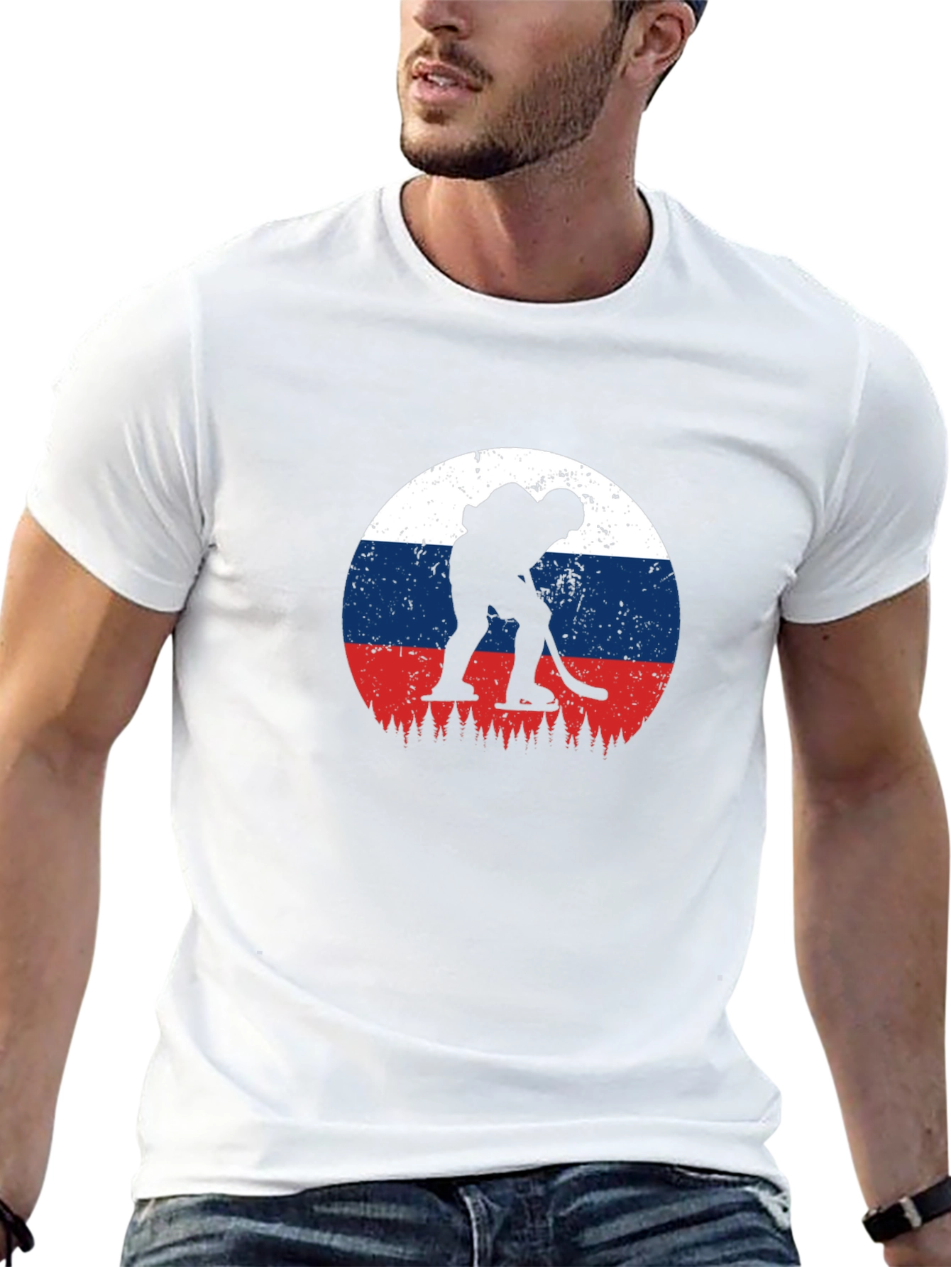 Hockey Player Russia Flag Graphic Tee