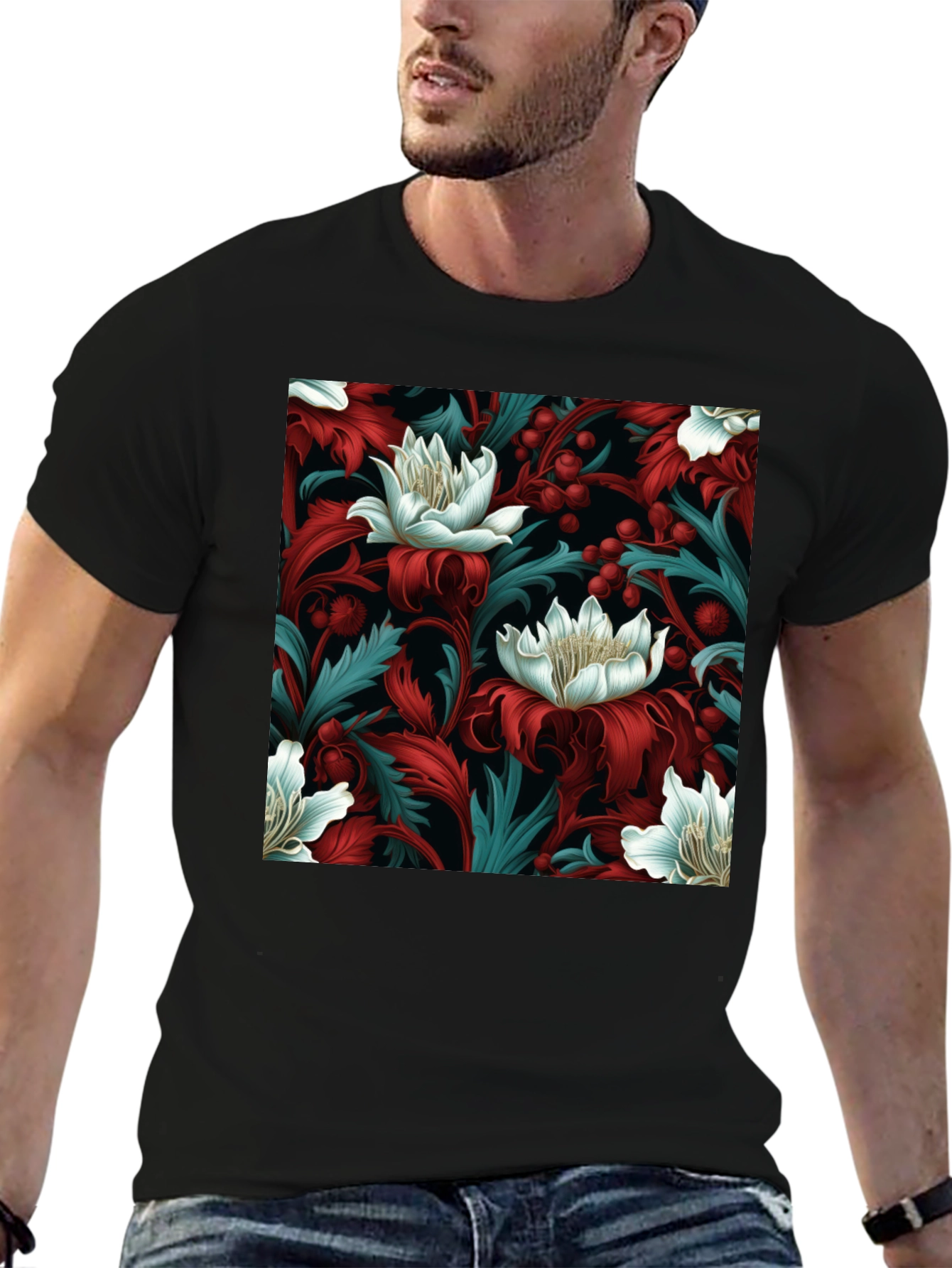 Floral Pattern Mens Black T-Shirt