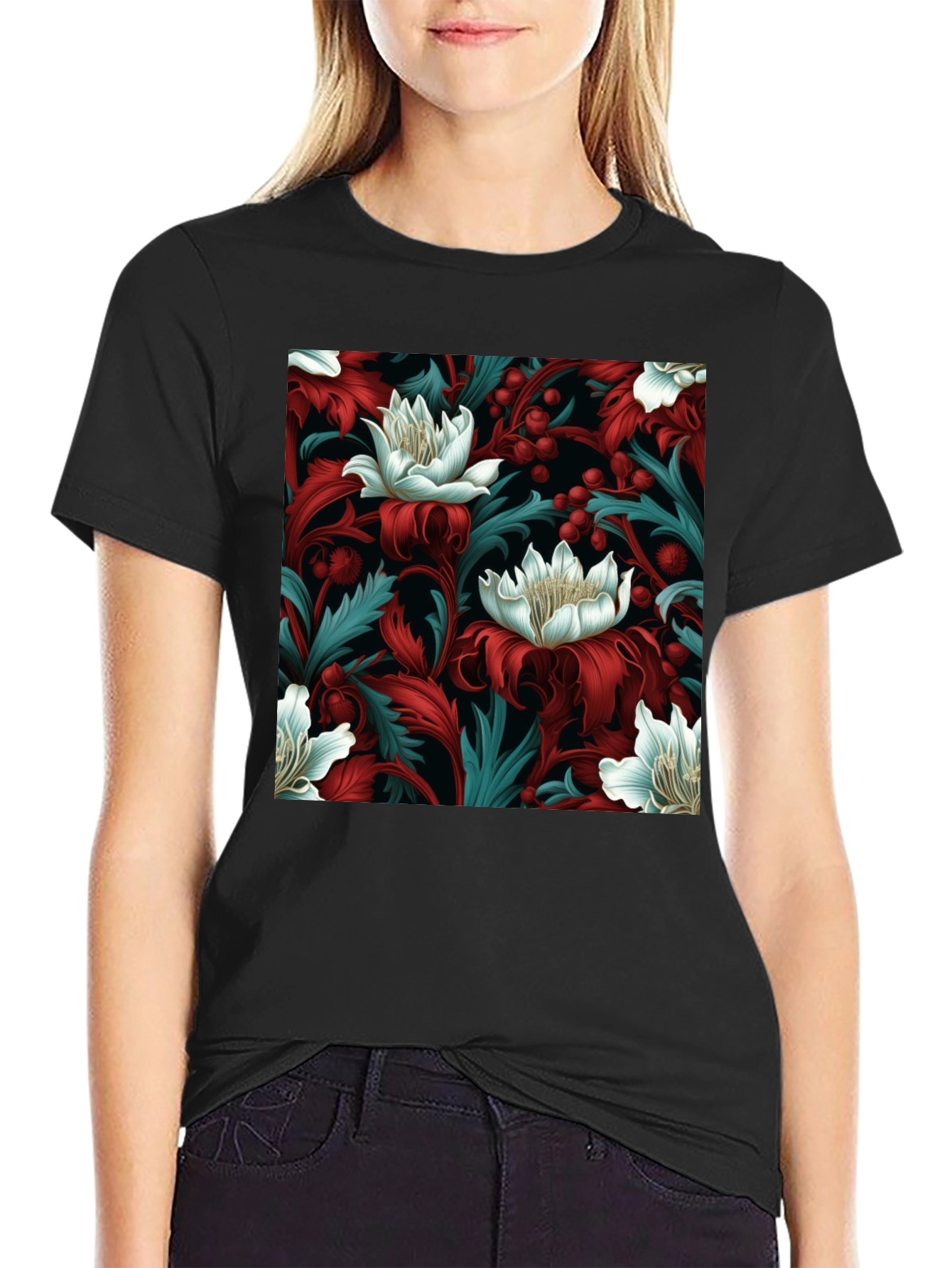 Floral Pattern Mens Black T-Shirt