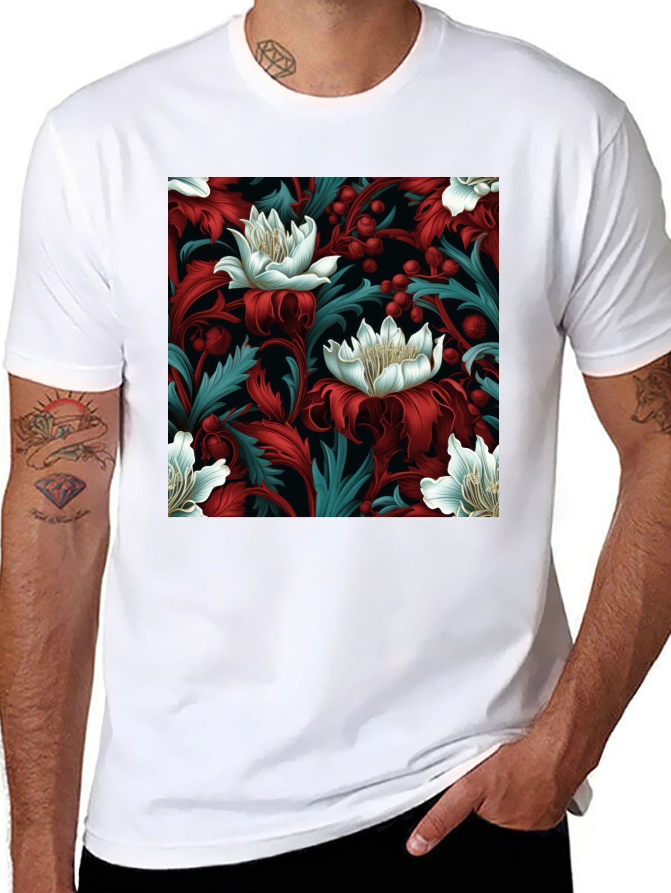 Floral Pattern Mens Black T-Shirt