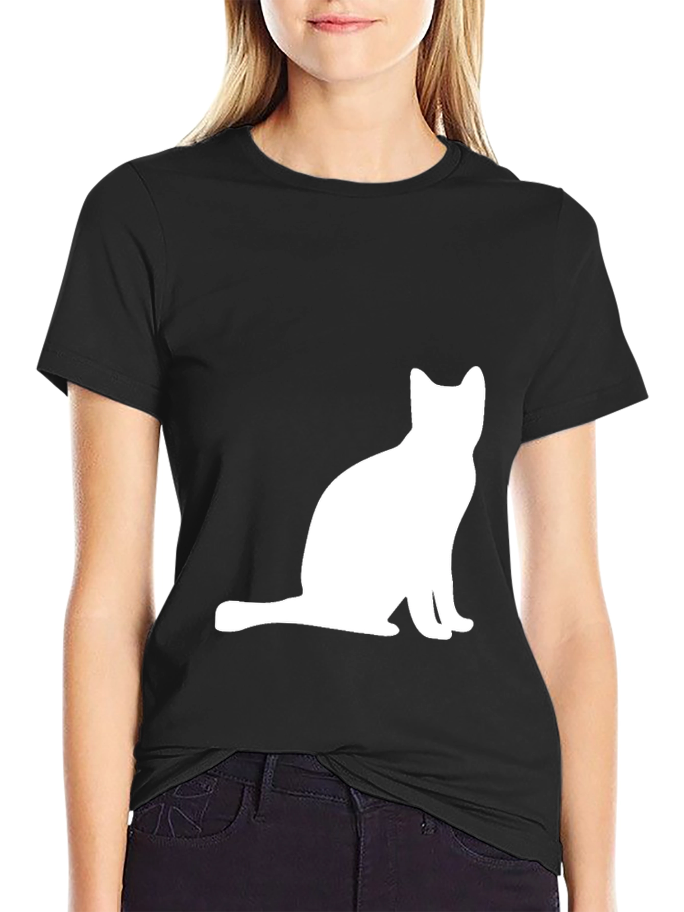 Cat Silhouette Graphic Tee - Black