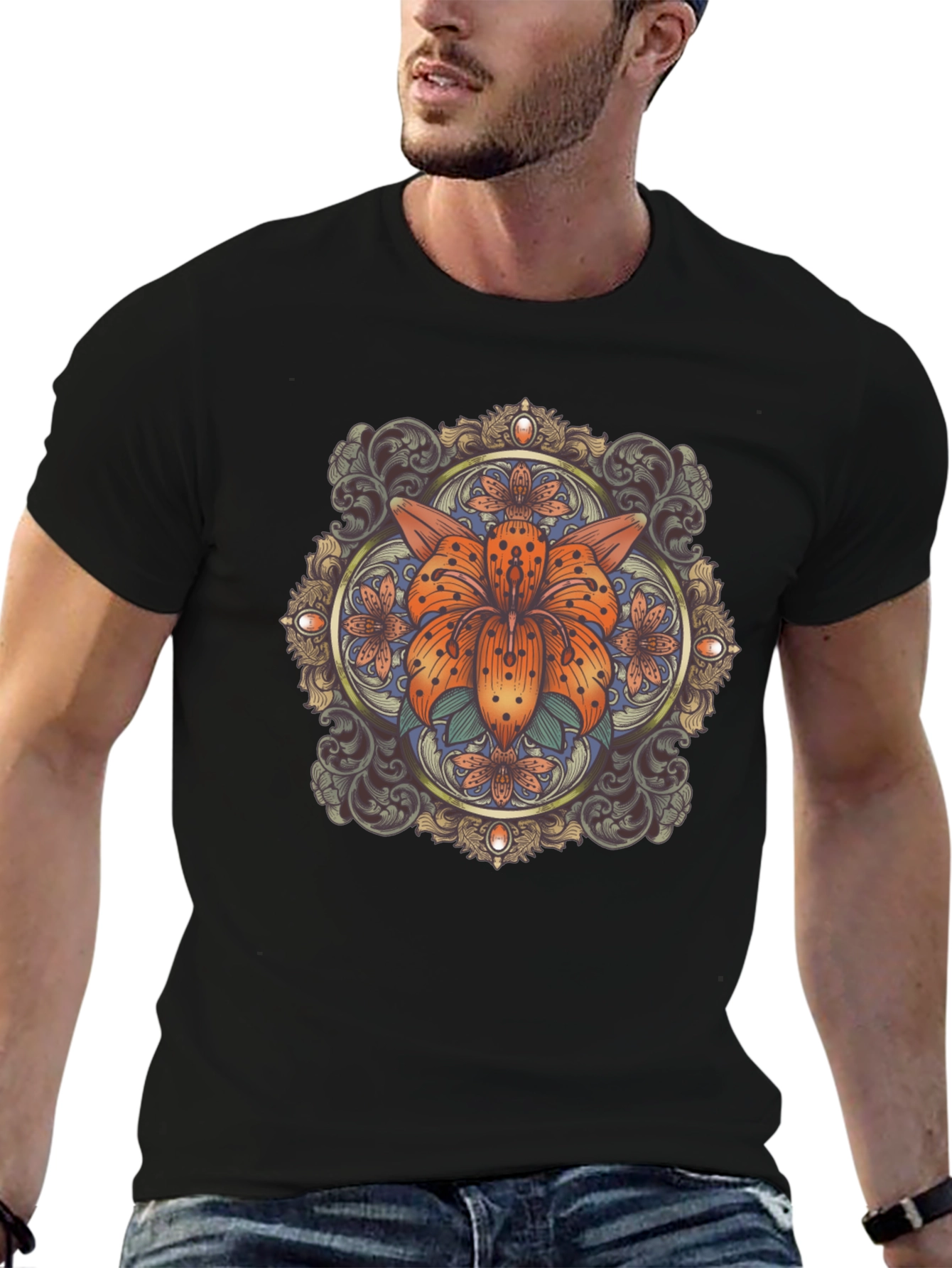 Floral Mandala Graphic Tee - Stylish Black T-Shirt