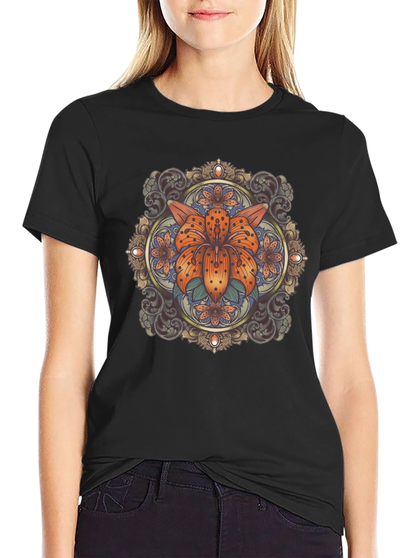 Floral Mandala Graphic Tee - Stylish Black T-Shirt