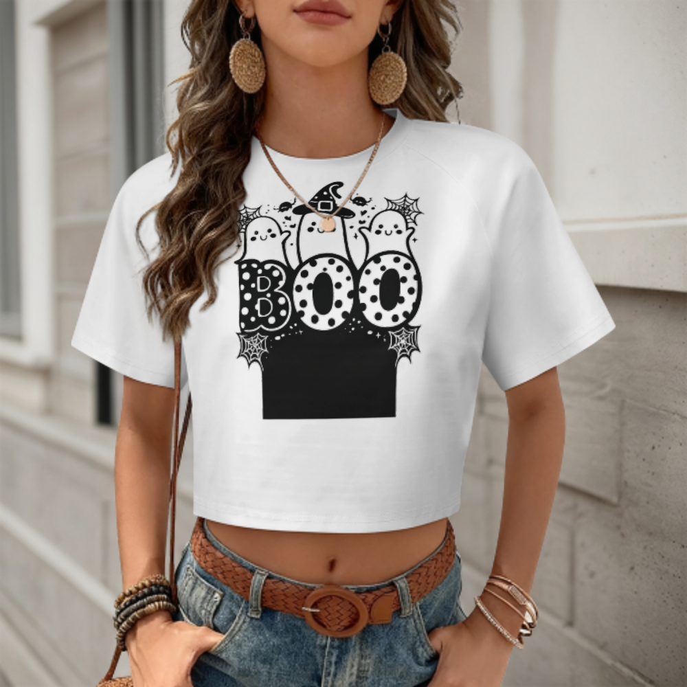 Cute Boo Ghost Halloween Tee, Spooky Season Graphic Shirt, Funny Ghost Crop Top, Trendy Fall Halloween Apparel, Cute Witchy Women’s T-Shirt(z482)