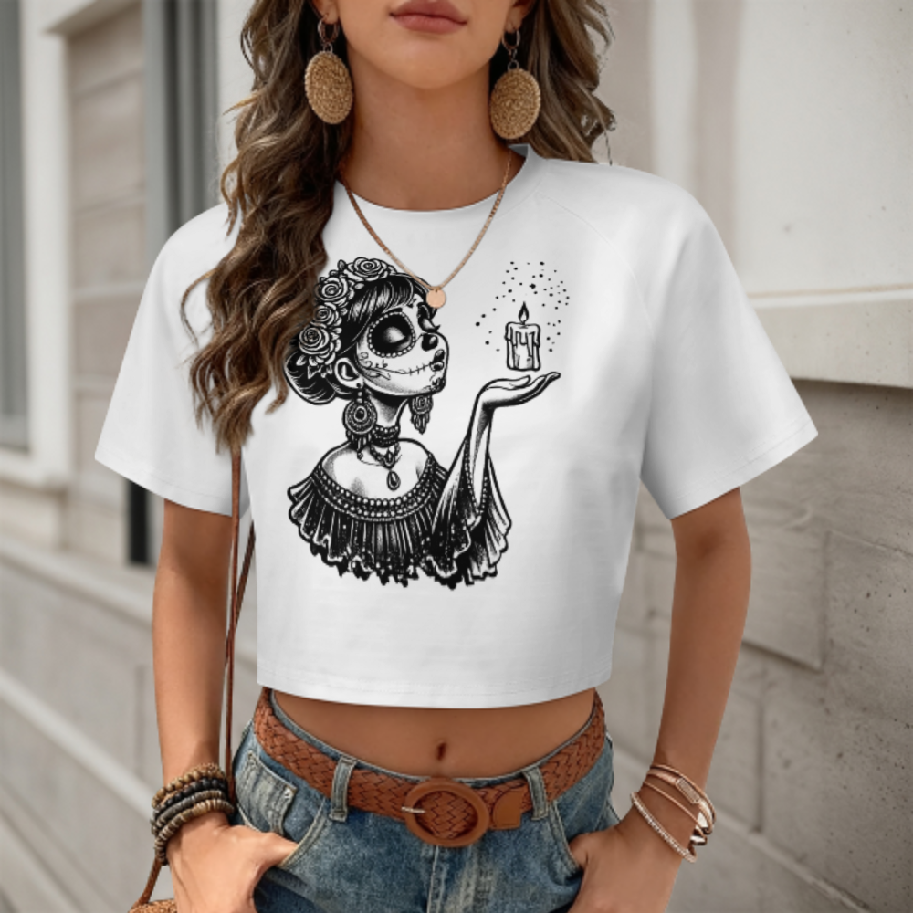 Day Of The Dead Skull Girl Tee, Gothic Halloween Graphic Shirt, Floral Sugar Skull Crop Top, Spooky Aesthetic Women’s Apparel, Candle Spirit Art T-Shirt(z483)
