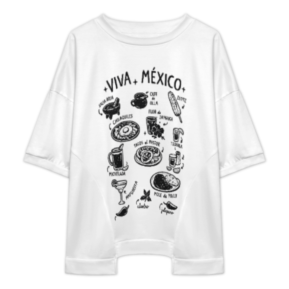 Viva Mexico Food Graphic Oversized Tee, Mexican Culture Inspired Vintage Streetwear Shirt, Retro Culinary Sketch Casual Loose Fit Top(z504)