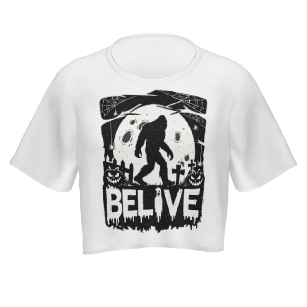 Believe Bigfoot Halloween Graphic Tee – Spooky Sasquatch Moonlight Shirt for Women(z461)