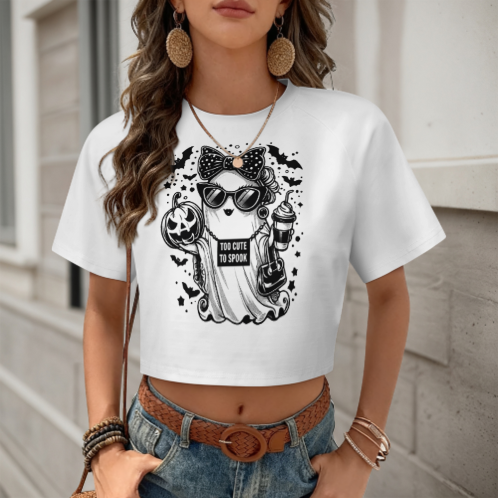 Too Cute To Spook Halloween Ghost Tee, Cute Spooky Season Shirt, Trendy Ghost Graphic Crop Top, Halloween Coffee Lover Apparel, Funny Fall Women’s T-Shirt(z481)