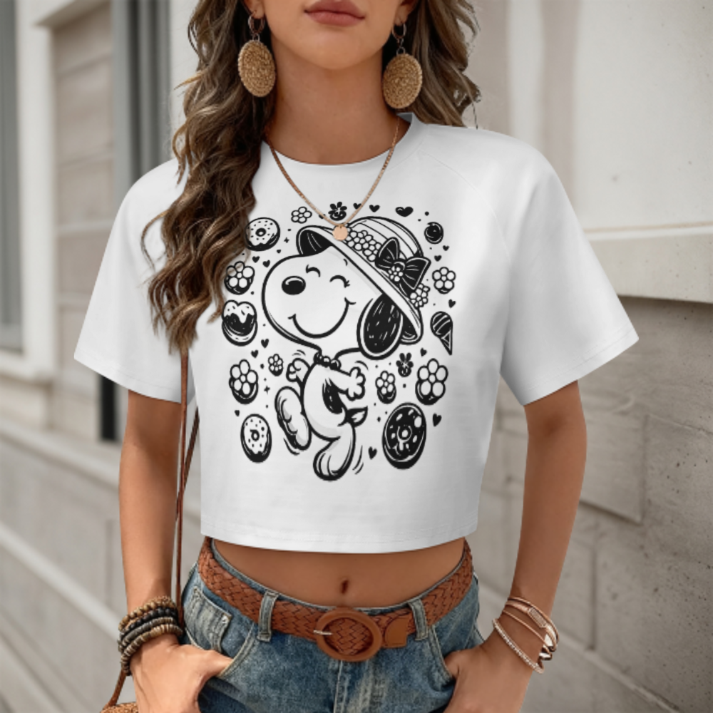 Cute Cartoon Dog Graphic Tee, Kawaii Puppy Shirt, Sweet Donut Aesthetic Top, Cute Animal Women’s T-Shirt, Playful Dessert Lover Apparel(z484)