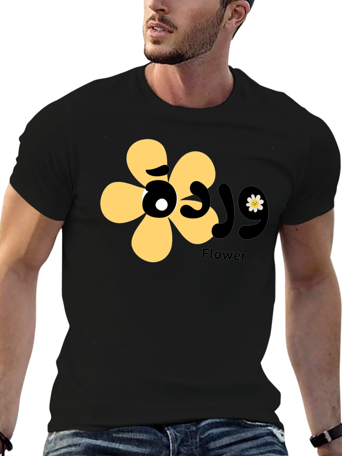 Black T-Shirt with Floral Graphic