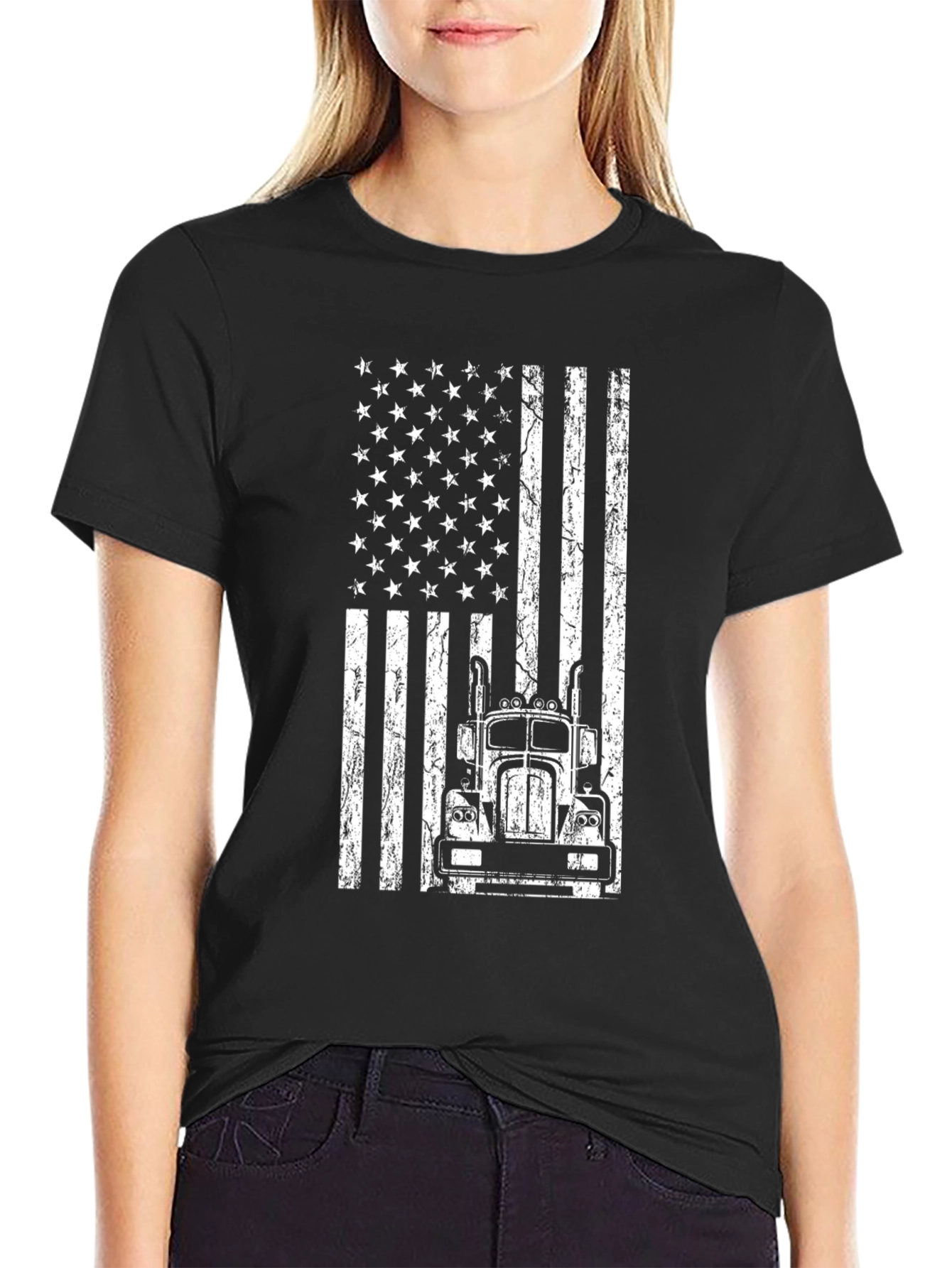 American Flag Trucker T-Shirt - Patriotic Driving Style