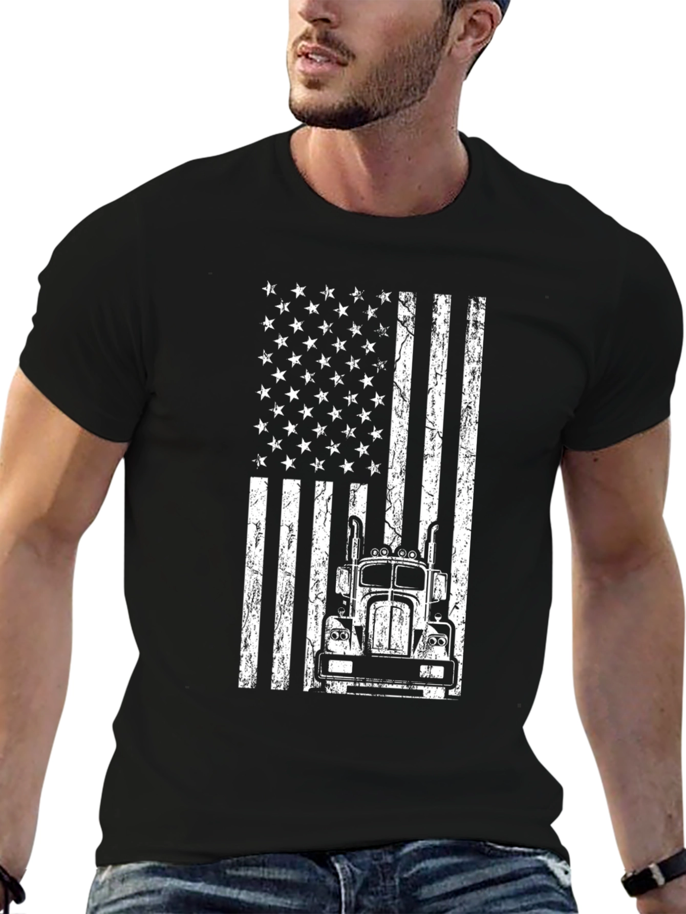 American Flag Trucker T-Shirt - Patriotic Driving Style