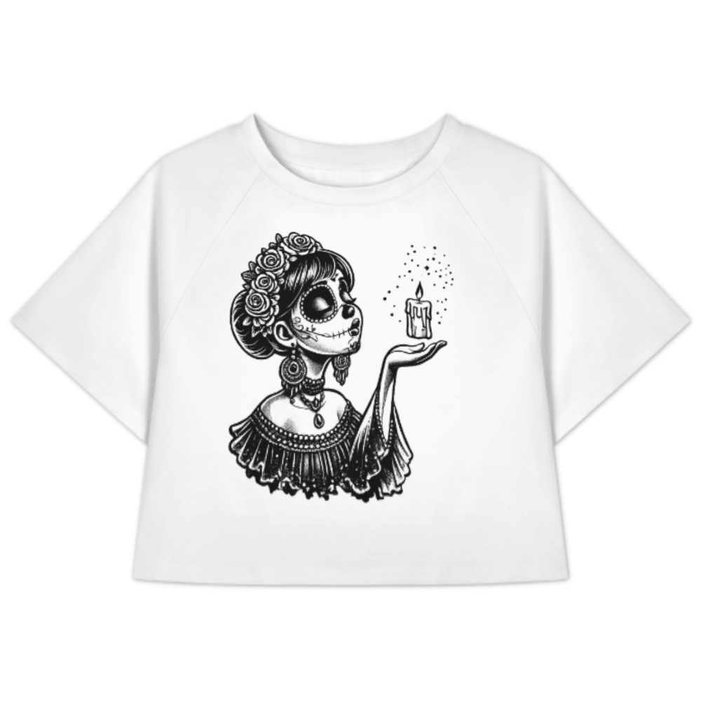 Day Of The Dead Skull Girl Tee, Gothic Halloween Graphic Shirt, Floral Sugar Skull Crop Top, Spooky Aesthetic Women’s Apparel, Candle Spirit Art T-Shirt(z483)