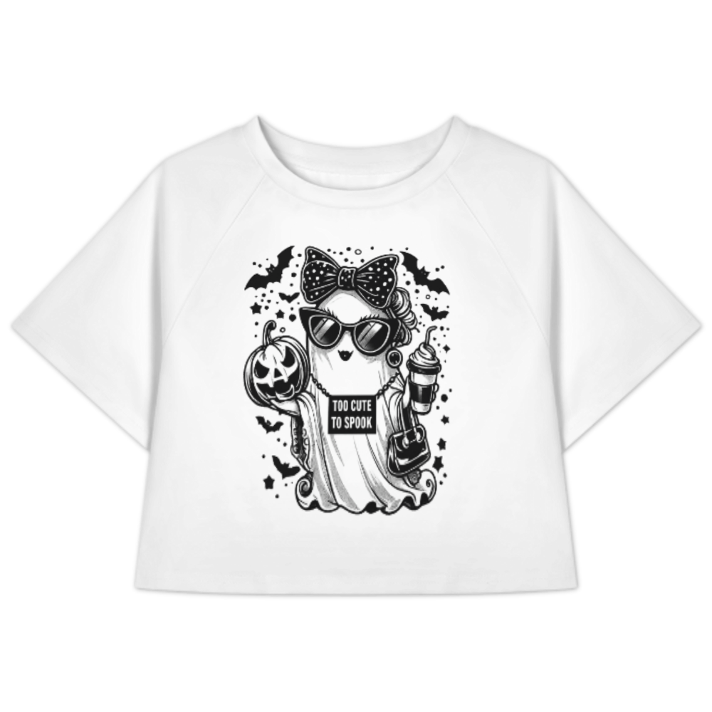 Too Cute To Spook Halloween Ghost Tee, Cute Spooky Season Shirt, Trendy Ghost Graphic Crop Top, Halloween Coffee Lover Apparel, Funny Fall Women’s T-Shirt(z481)