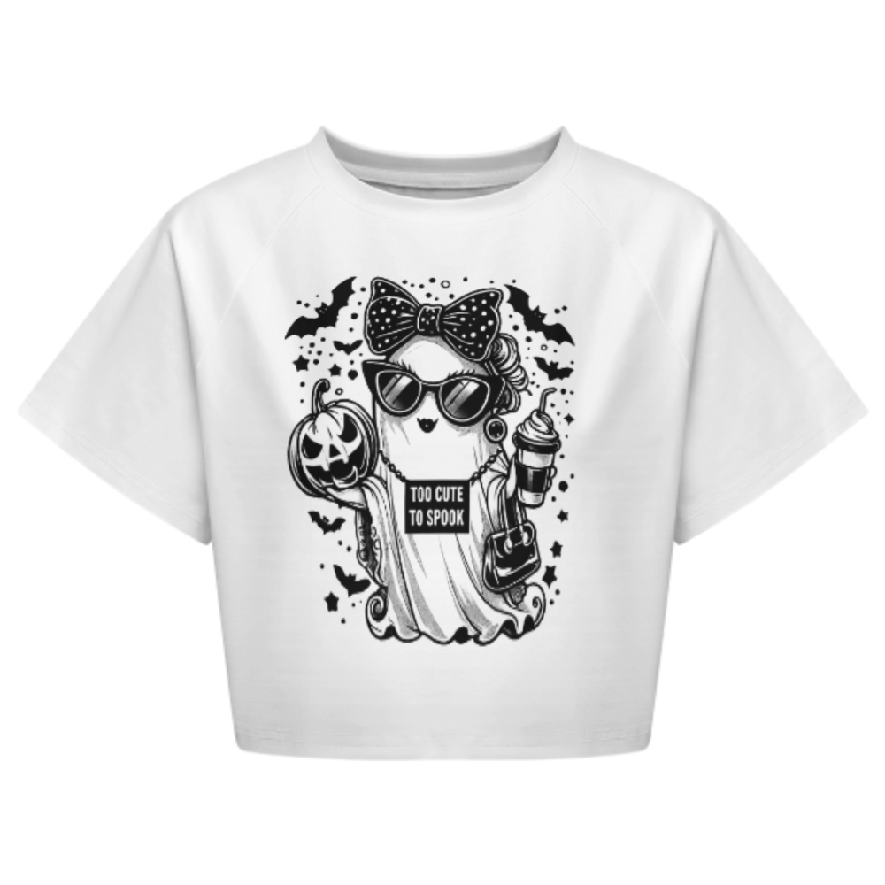 Too Cute To Spook Halloween Ghost Tee, Cute Spooky Season Shirt, Trendy Ghost Graphic Crop Top, Halloween Coffee Lover Apparel, Funny Fall Women’s T-Shirt(z481)