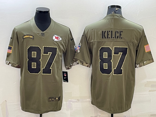 Men's Kansas City Chiefs Travis Kelce #87 Olive 2022 Salute To Service Limited Jerseys
