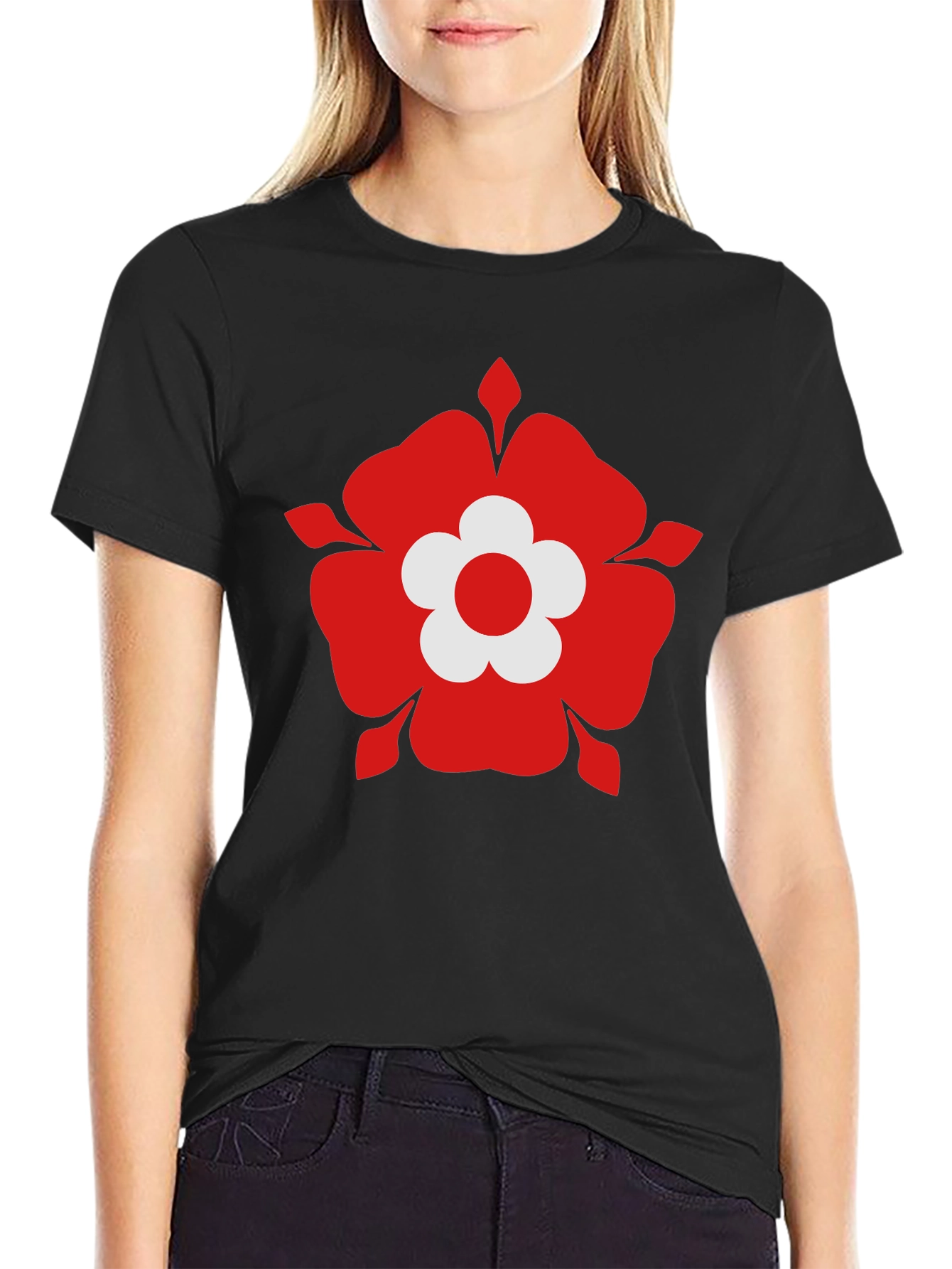 Red Flower Graphic Black T-Shirt