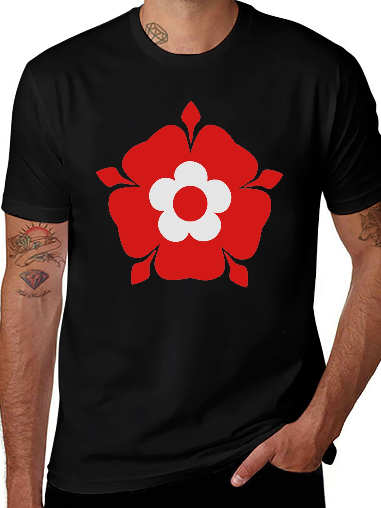 Red Flower Graphic Black T-Shirt