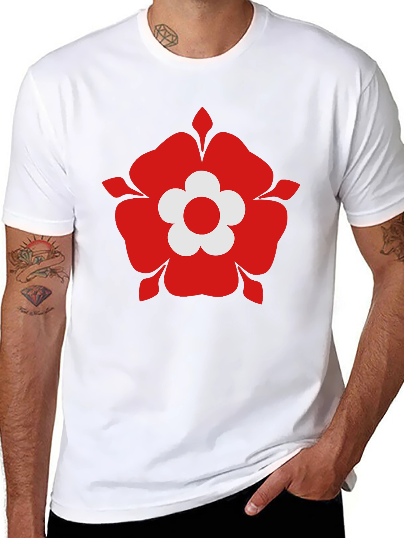 Red Flower Graphic Black T-Shirt