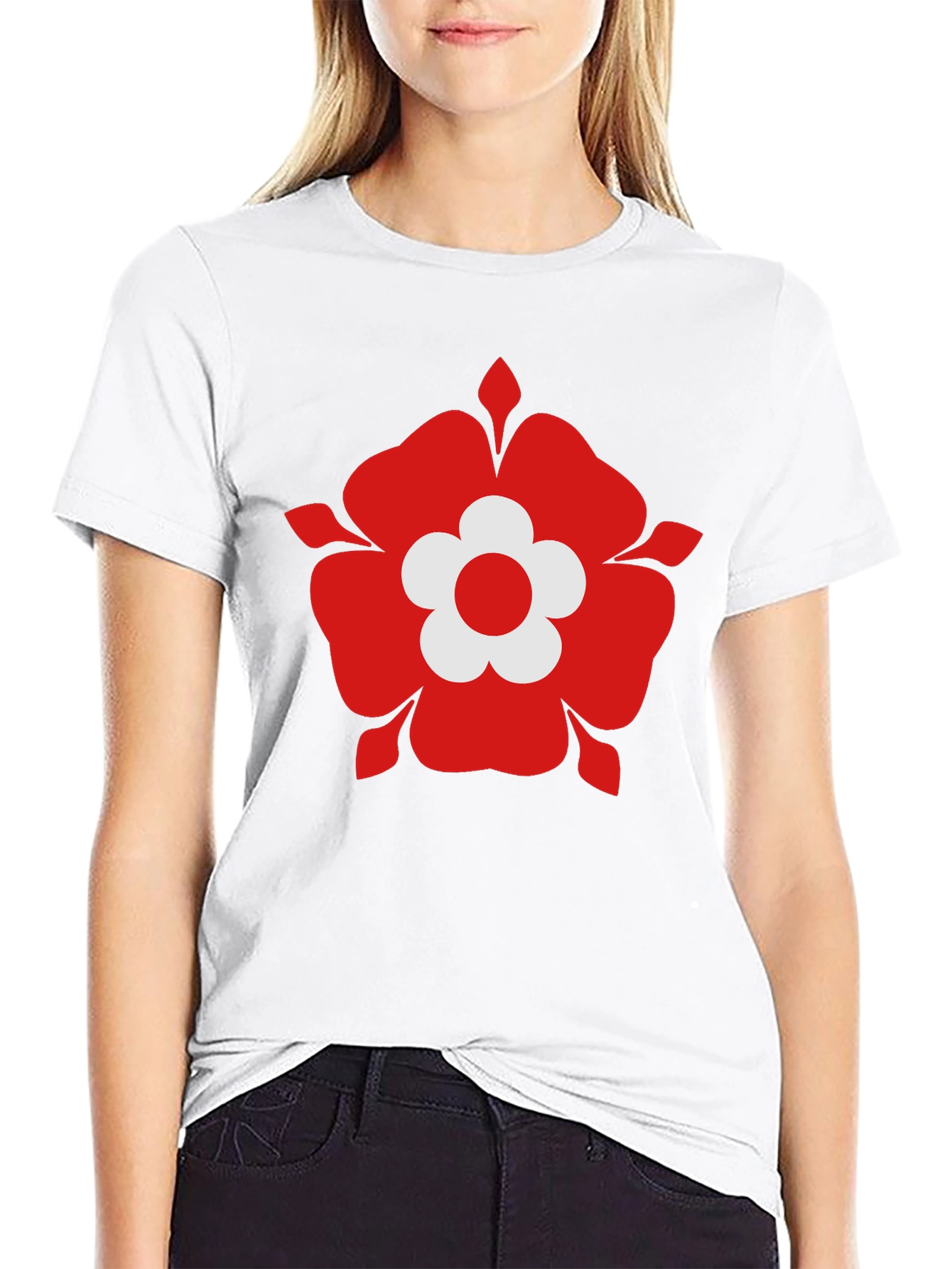 Red Flower Graphic Black T-Shirt